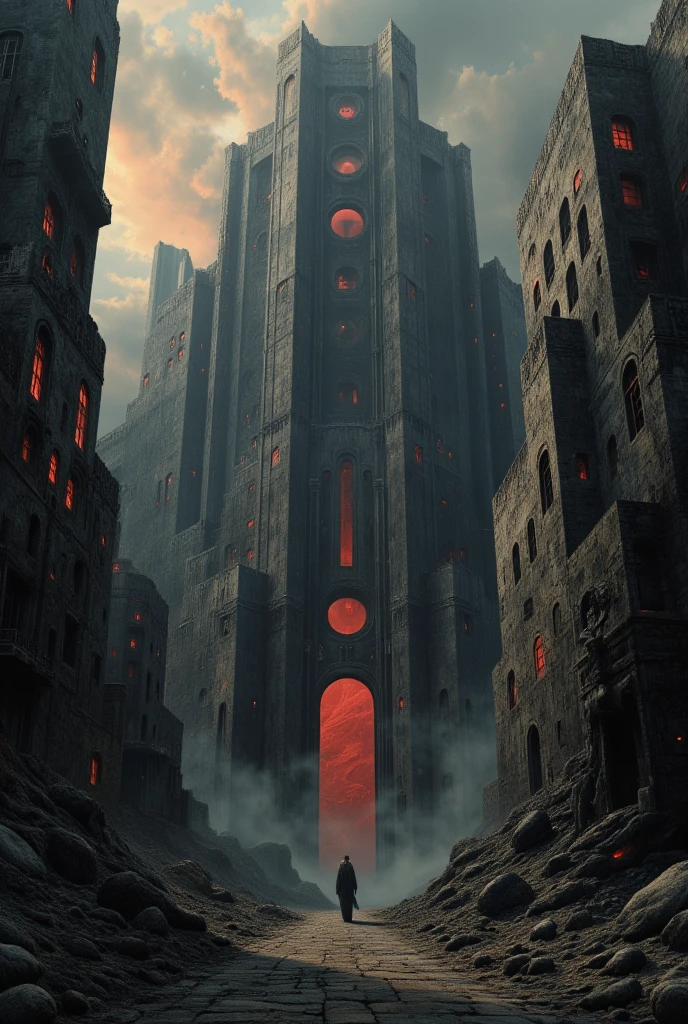 In the distance, there is a massive dwarven steampunk city featuring buildings that encircle a large tower silo at its center. The tower is adorned with large round windows through which red energy visibly emanates. The scene is highly detailed and photorealistic, rendered in 8K resolution with cinematic lighting. It captures an epic fantasy atmosphere with dramatic lighting, presented as a digital painting, matte painting, or concept art.