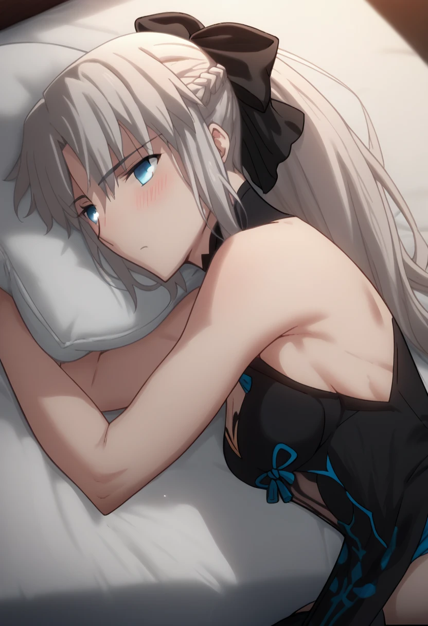 solo, one girl ,Fate/Grand Order,Morgan（Fate）, long hair, gray hair, blue eyes,とても long hair, Ponytail, black ribbon, hair bow, French braid, Short Dress ,Sleeveless, cleavage in years, garment cutout,Collarless, pelvic curtain , black boots , thigh high boots　　　　　　　anime,Ufotable, viewer's perspective, are expressionless, bed, lying on your back to stare, from side,blush