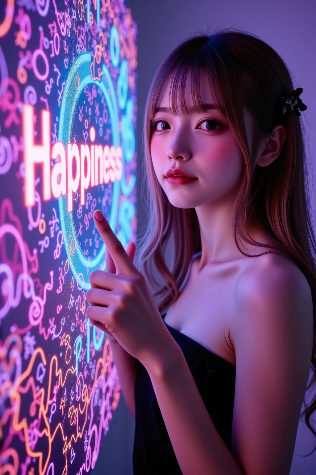 A woman pointing at a 3D hologram displaying the word "Happiness", vibrant neon colors illuminating the scene, with a futuristic and magical atmosphere, high detail, soft lighting, and a dynamic pose.