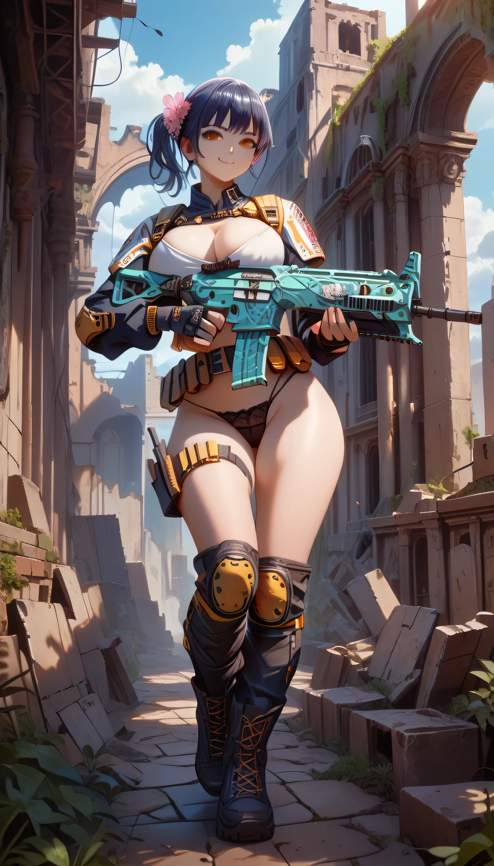 ultra-detailed, 1girl, Yamada_Anna, ((masterpiece)), (best quality), (highres), 16K, dark blue hair, brown eyes, wearing tactical clothes, tactical belt, knee pads, boots, black panties, busty body, large breasts and a beautiful ass, showcasing cleavage, legs, hips, (holding assault rifle), looking at viewer, smile, detailed face, detailed hair, detailed full body, ruins background