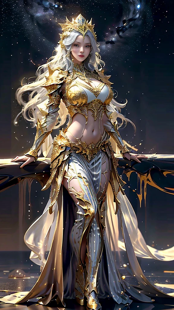 Woman in a golden transparent dress,view the viewer,(((Huge breasts, Large cleavage))),Slim waist,(navel baring,Bare waist), Long hair, Ultra-detailed details,High-end Zhenyi station, Rainstorm site, detailed fantasy art, Stunning character art, Beautiful and exquisite character art, Beautiful gold and silver armor, Extremely detailed, Girl in shiny armor, Exquisite tiaras and jewelry,Crystal jewelry filigree, milky ways, Stunning visuals, (dynamic streaks, light tracks:1.2), Vibrant colors,