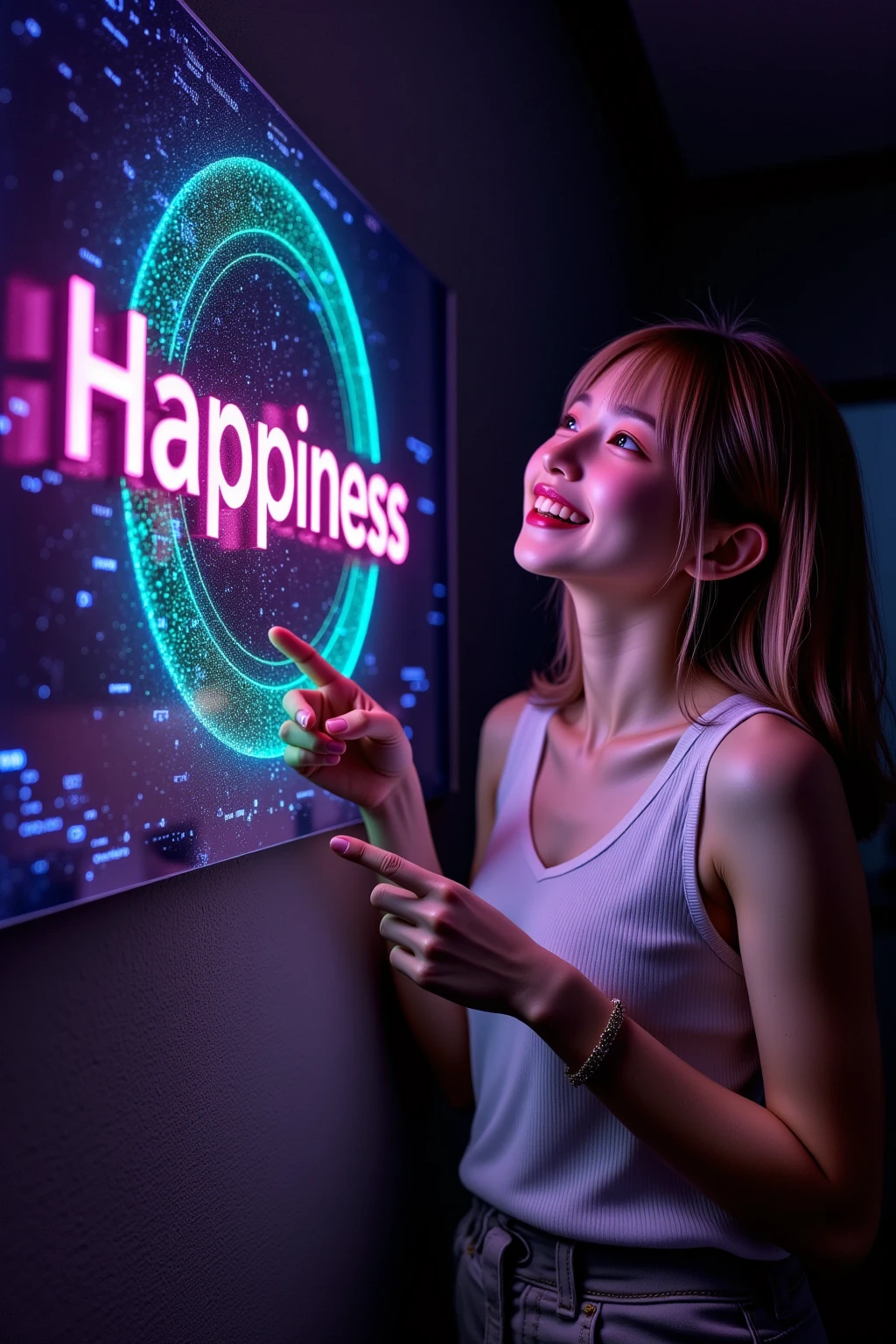 A woman pointing at a 3D hologram displaying the word "Happiness" in colorful neon colors. The background is digital and dark, creating a striking contrast. The scene conveys a sense of joy and modern technology.