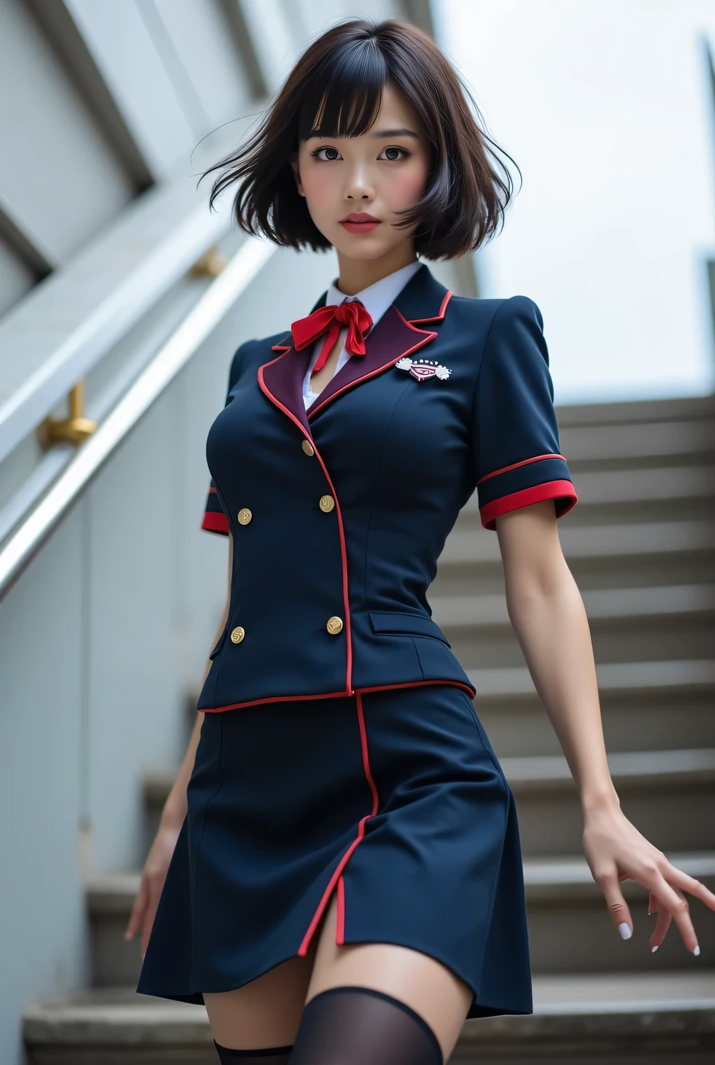 Highest Quality, (Photo realistic), (Looking at the viewer:1.3), Sharp focus, Absolute masterpiece,
Elaborate flight attendant uniform that is depicted in ultra detail, Tight-fitting skirt, Tights, Outdoors, Stairs, Going down the stairs, Low angle, (From below:1.3),
(Big breasts:1.2), Bangs, Short wavy bob, Very beautiful Japanese woman