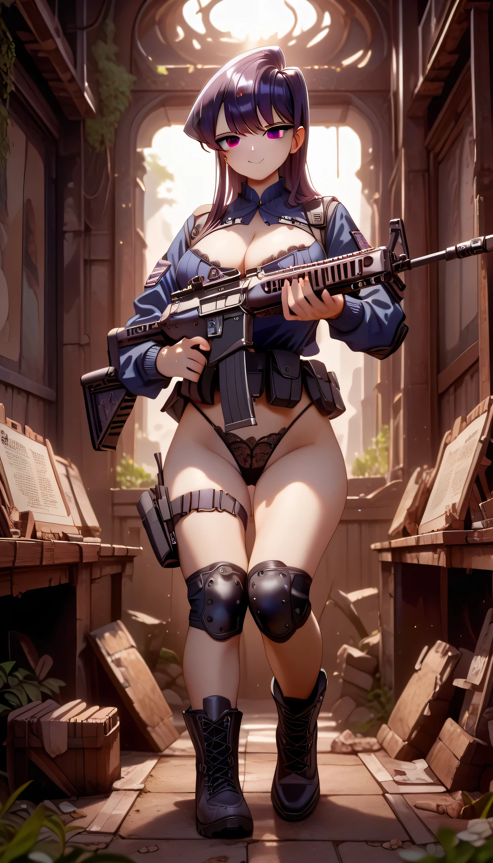 Imperial Guard Combat Uniform Swimsuit, o-ring bikini, v gundam, swimsuit, absurdres, highres, solo, cowboy shot, 1girl, neneka nibrou \(cosplay\), wristband, headphone, holster, backpack, holding gun, aiming, perfect hands, wind, (highres,best_quality,masterpiece), large breast, huge breast, dark skin, pony tail, purple hair, purple eyes, from back, ass, from behind, looking from back, view from back