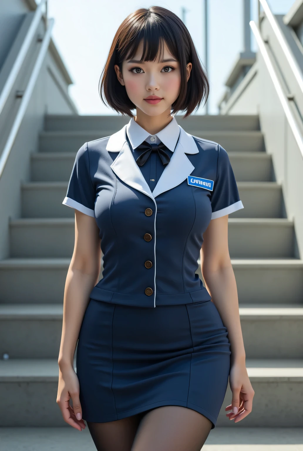 Highest Quality, ((Photo realistic:1.1)), (Looking at the viewer:1.3), Sharp focus, Absolute masterpiece,
Elaborate flight attendant uniform that is depicted in ultra detail, Tight-fitting skirt, Tights, Outdoors, Stairs, Going down the stairs, Low angle, (From below:1.3),
(Big breasts:1.2), Bangs, Short wavy bob, Very beautiful Japanese woman, Plump body