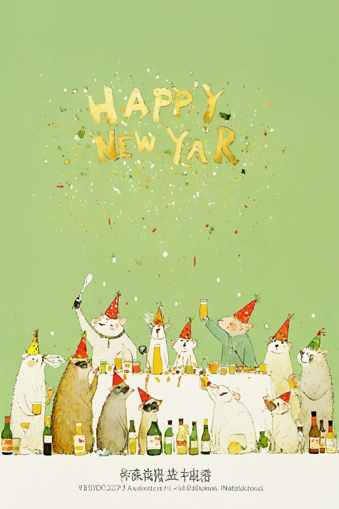 「happy new year」Signboard, New Year's Eve Party with Drunk Animals,  Red Faced Animals ,monkey,dog,cat,sheep,Rat, Meerkat ,butterfly, drink sperm with a , Very Complex and Detailed Ink Painting  ,  Colors of Ink and Silk  , Ink and watercolor illustrations , Ration,Book illustrations, watercolor,  Full Page Illustration  , Picture Book illustrations, very detailed, Cartoon anime animals,Party Hats,fruit,The animals that toast,cracker🎉🎉🎉