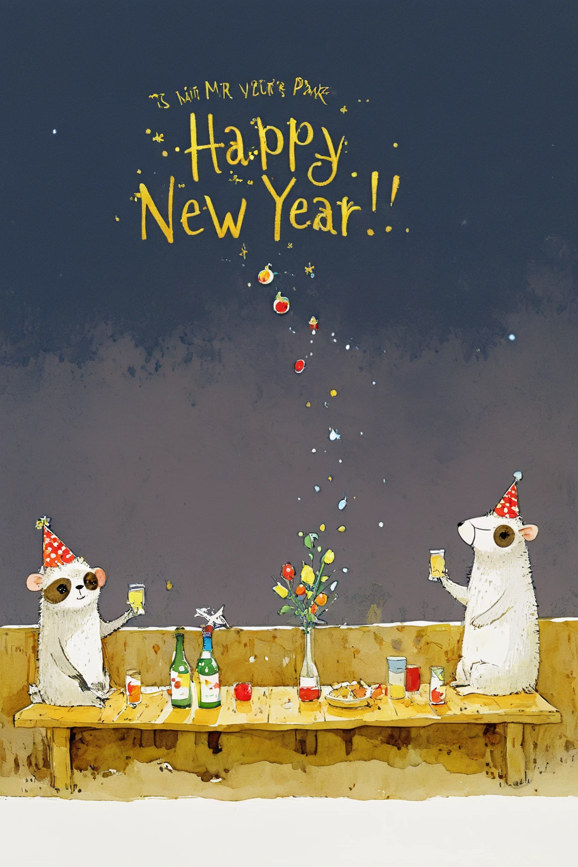 「happy new year」Signboard, New Year's Eve Party with Drunk Animals,  Red Faced Animals ,monkey,dog,cat,sheep,Rat, Meerkat ,butterfly, drink sperm with a , Very Complex and Detailed Ink Painting  ,  Colors of Ink and Silk  , Ink and watercolor illustrations , Ration,Book illustrations, watercolor,  Full Page Illustration  , Picture Book illustrations, very detailed, Cartoon anime animals,Party Hats,fruit,The animals that toast,cracker🎉🎉🎉