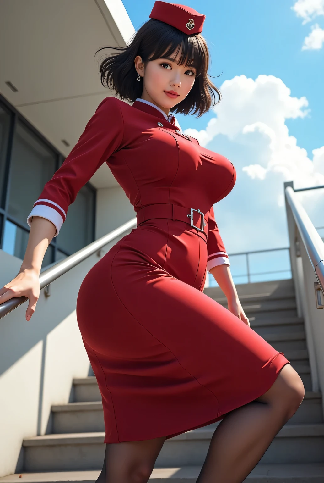 Highest Quality, (Photo realistic), (Looking at the viewer:1.3), Sharp focus, Absolute masterpiece,
Elaborate flight attendant uniform that is depicted in ultra detail, Tight-fitting skirt, Tights, Outdoors, Stairs, Going down the stairs, Low angle, (From below:1.3),
(Big breasts:1.2), Bangs, Short wavy bob, Very beautiful Japanese mature woman, Plump body