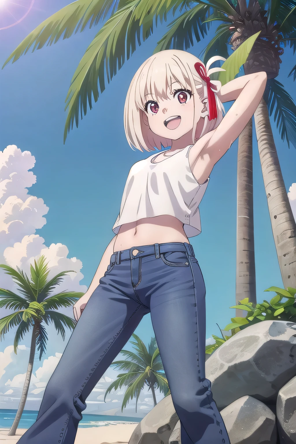 masterpiece,best quality,ultra detail,1girl, 14yo, petite, smile happily, Open mouth, white teeth, background((under the beach, (day:1.2), palm tree, bright sky)), chisato nishikigi, short hair, bangs, blonde hair, (red eyes:1.5), hair ribbon, one side up, bob cut, arms behind head, contrapposto, spread armpits, looking at viewer,, White tank top, White crop top, jeans, blue pants, (flares jeans 1:1), blue jeans, standing, (legs spread:3:1), sex pose, Sweaty crotch, Steam from the crotch, from below, full medium body