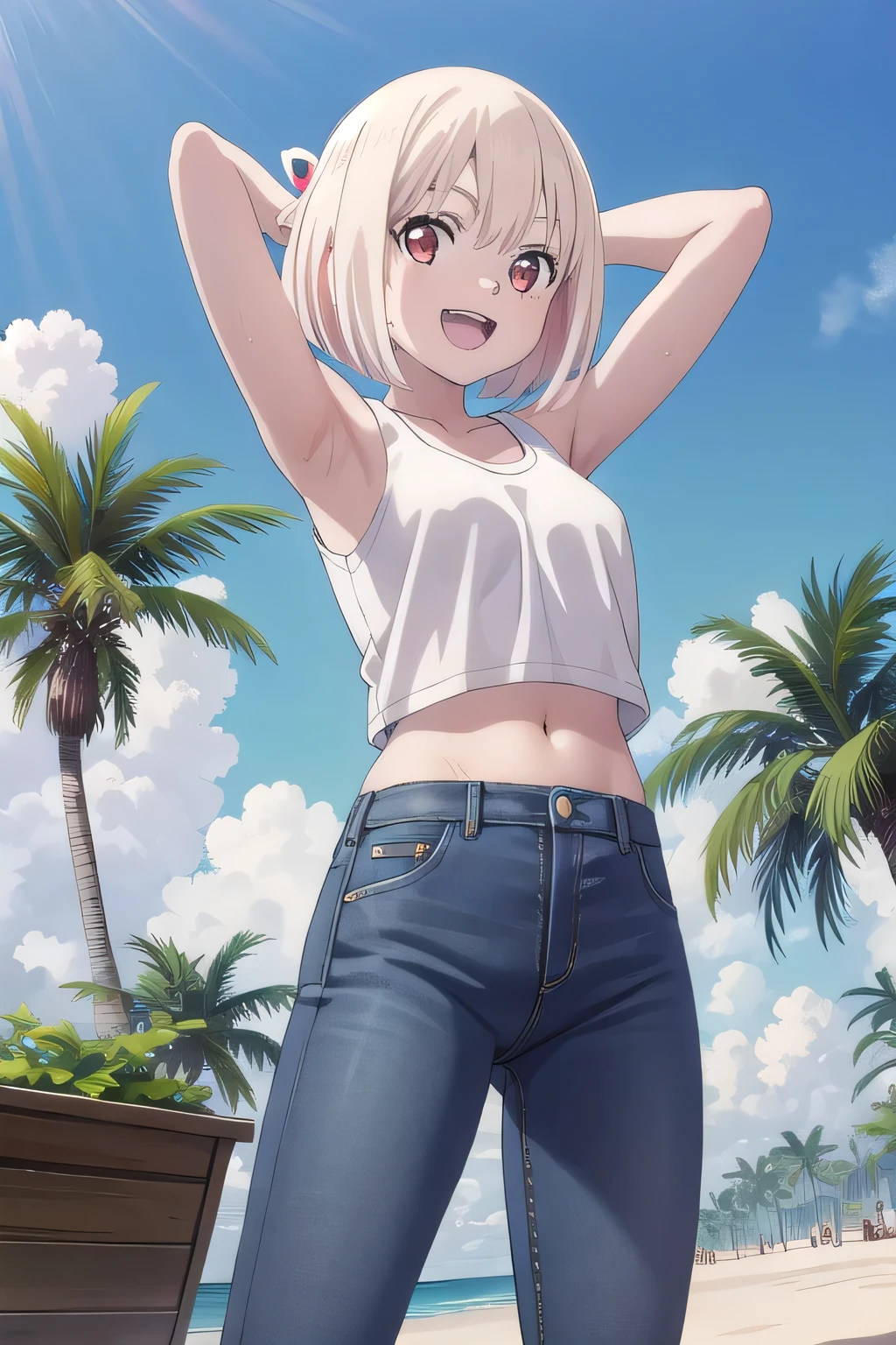 masterpiece,best quality,ultra detail,1girl, 14yo, petite, smile happily, Open mouth, white teeth, background((under the beach, (day:1.2), palm tree, bright sky)), chisato nishikigi, short hair, bangs, blonde hair, (red eyes:1.5), hair ribbon, one side up, bob cut, arms behind head, contrapposto, spread armpits, looking at viewer,, White tank top, White crop top, jeans, blue pants, (flares jeans 1:1), blue jeans, standing, (legs spread:3:1), sex pose, Sweaty crotch, Steam from the crotch, from below, full medium body