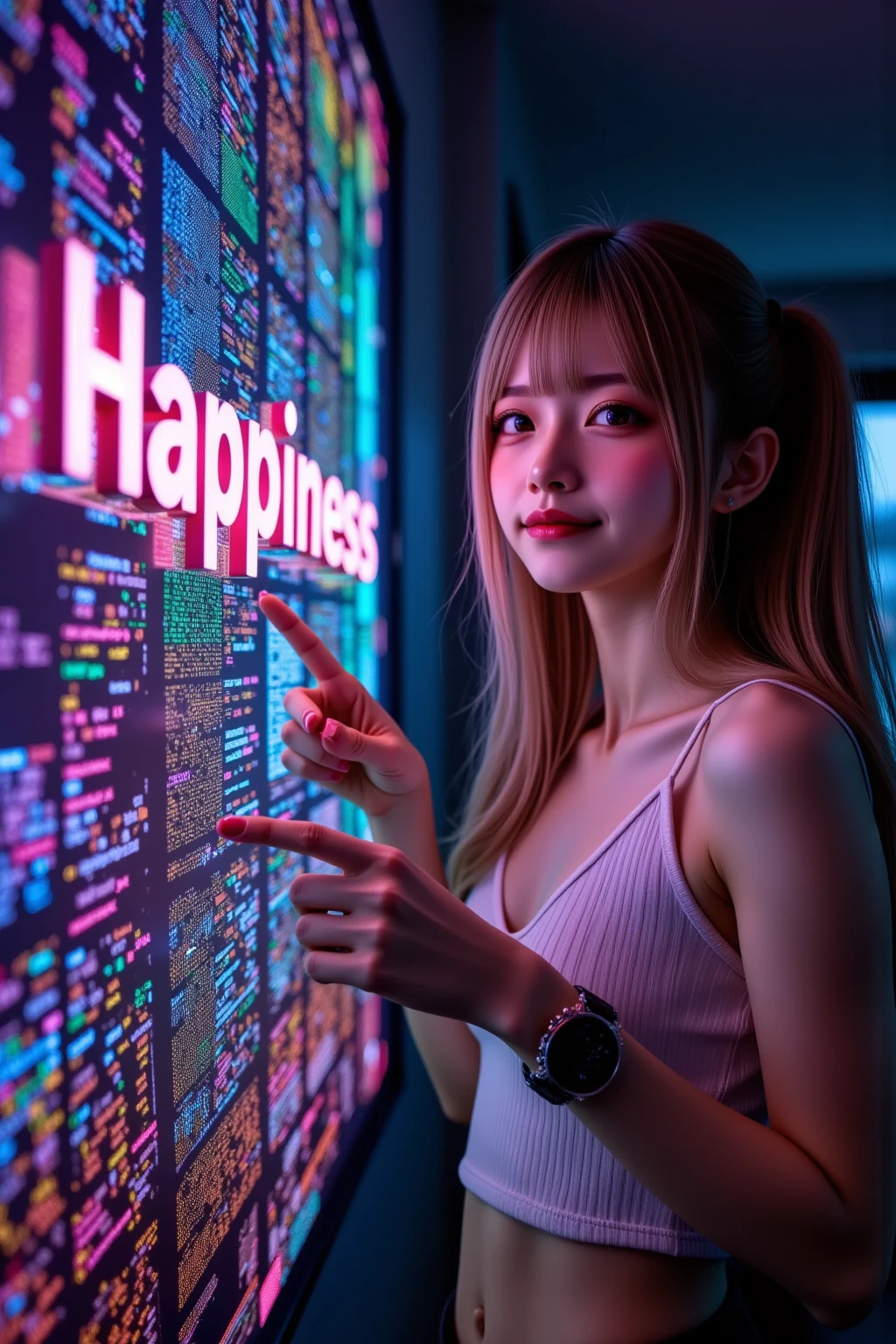 A woman pointing at a 3D hologram displaying the word "Happiness" in colorful neon colors. The background is digital and dark, creating a striking contrast. The scene conveys a sense of joy and modern technology.