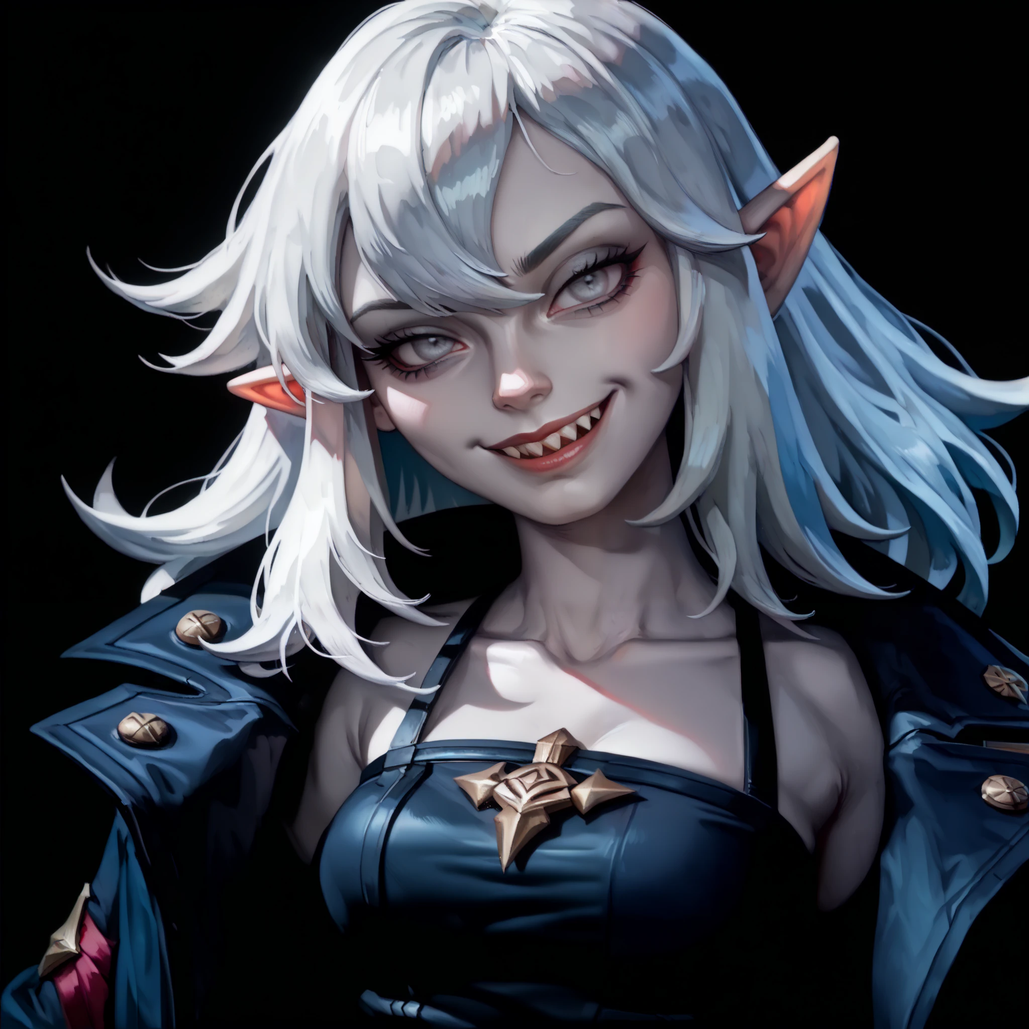 one woman, briar from league of legends, (pale skin, grey skin:1.3), pointy ears, sharp teeth, (pale eyes:1.2), white hair, straight bangs, (upper body:1.3), (black background, clear background:1.5), (black military jacket:1.2), (studio lights, deep shadows:1.3), (smug face:1.2), (big chest:1.2)