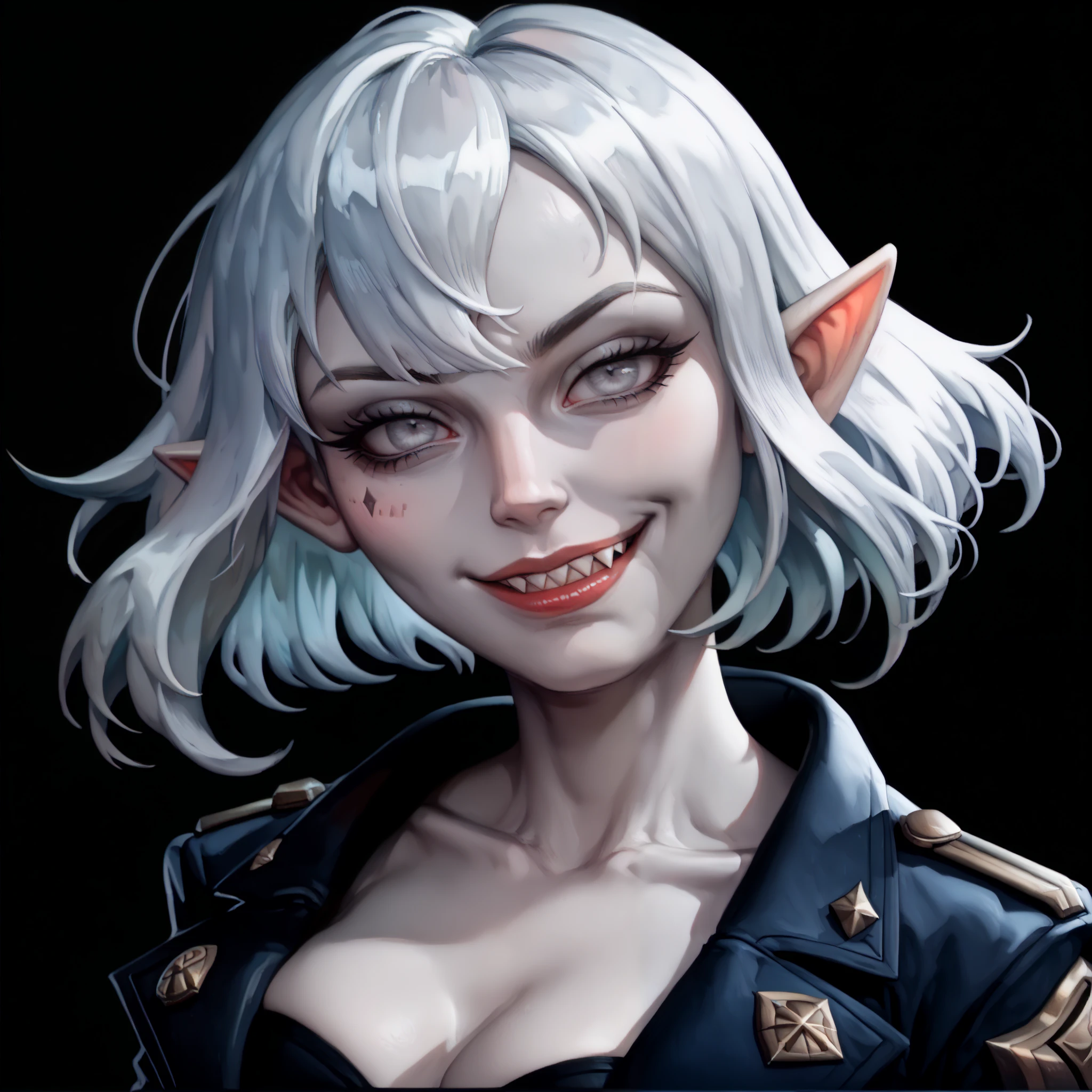 one woman, briar from league of legends, (pale skin, grey skin:1.3), pointy ears, sharp teeth, (pale eyes:1.2), white hair, straight bangs, (upper body:1.3), (black background, clear background:1.5), (black military jacket:1.2), (studio lights, deep shadows:1.3), (smug face:1.2), (big chest:1.2)