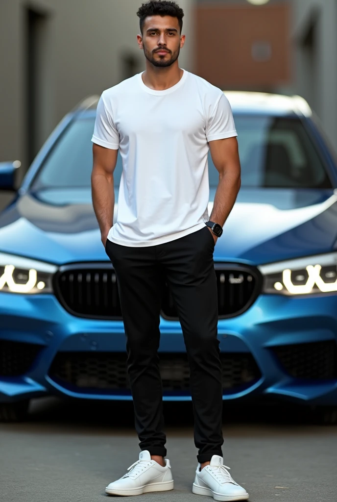 a model, wearing a black insider t-shirt and white pants and white sneakers, posing in front of a BMW sedan, masculine face, face with a defined jaw and wide chin, full and well-groomed beard. 4k, realistic, cinematic