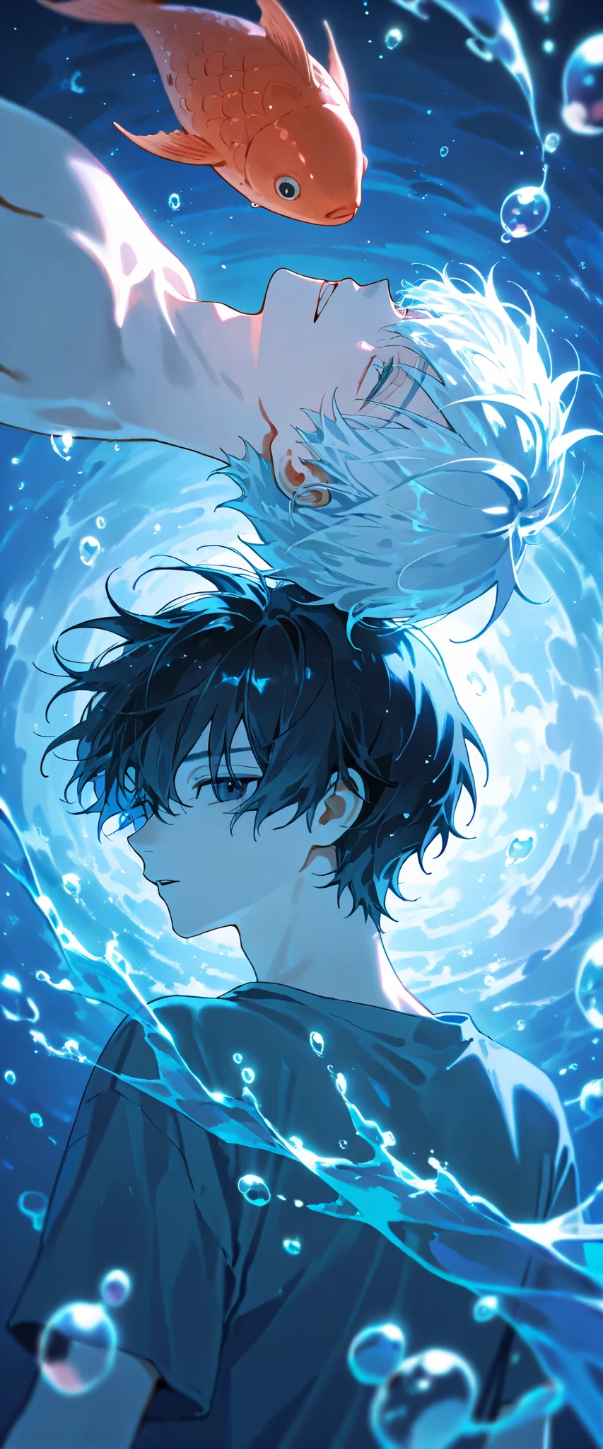 (((( 2 guys:1.6)))), perfect face, beautiful faces, Highly Detailed Faces ,(Man with short white hair :1.4),( Man with short black hair:1.4)、 lots of flowers 、In the water、seabed、 in the sea、Red fish、Yellow fish、Blue Fish、jellyfish、Bubble