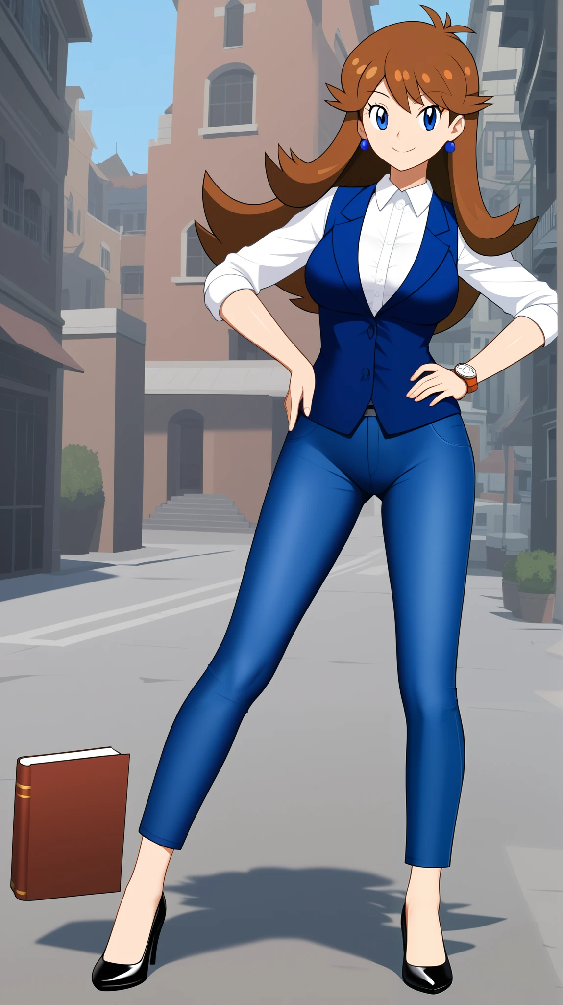 (( top quality )), ((masterpiece)), (( Details)), 1girl, orange brown hair color, long hair, blue eyes, career woman, business suit, jeans suit , black high heels, blue earrings, Pistol, sexy smile, seductive smile, Watch Viewers , Place one hand on hip, is standing, Tall, ANIME COLORING BOOK, 1 Female, Age 18, Three idiot hairs , with bangs, whole body, slim figure, Ample breasts, town, (\ Pokémon\), score_9, score_8_Excellent, score_7_Excellent, score_6_Excellent, source_Anime, Cell Shading, flat color, vector, Two legs, two arms,