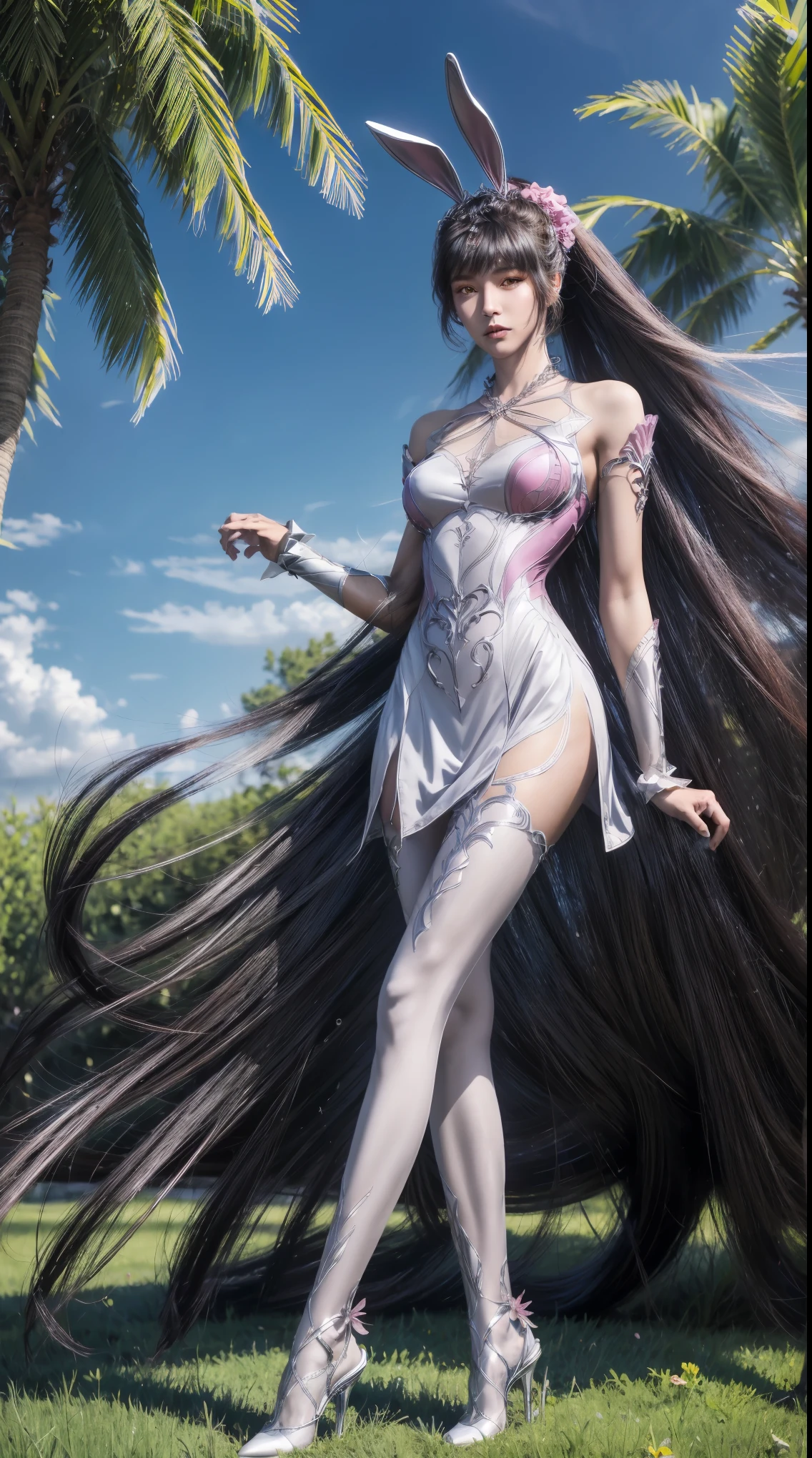 (1girl:1.3), AgainXiaowu, DLDLxiaowu, Solo, animal ears, rabbit ears, long hair, full body, brown hair, ponytail, tree, hair ornament, high heels, thighhighs, metal collar, sky, palm tree, blue sky, very long hair, dress, breasts, collar, outdoors, looking to the side, flower, closed mouth, white thighhighs, pink dress, bare shoulders, medium breasts, white footwear, standing, white dress, grass, crossed legs, night, see-through