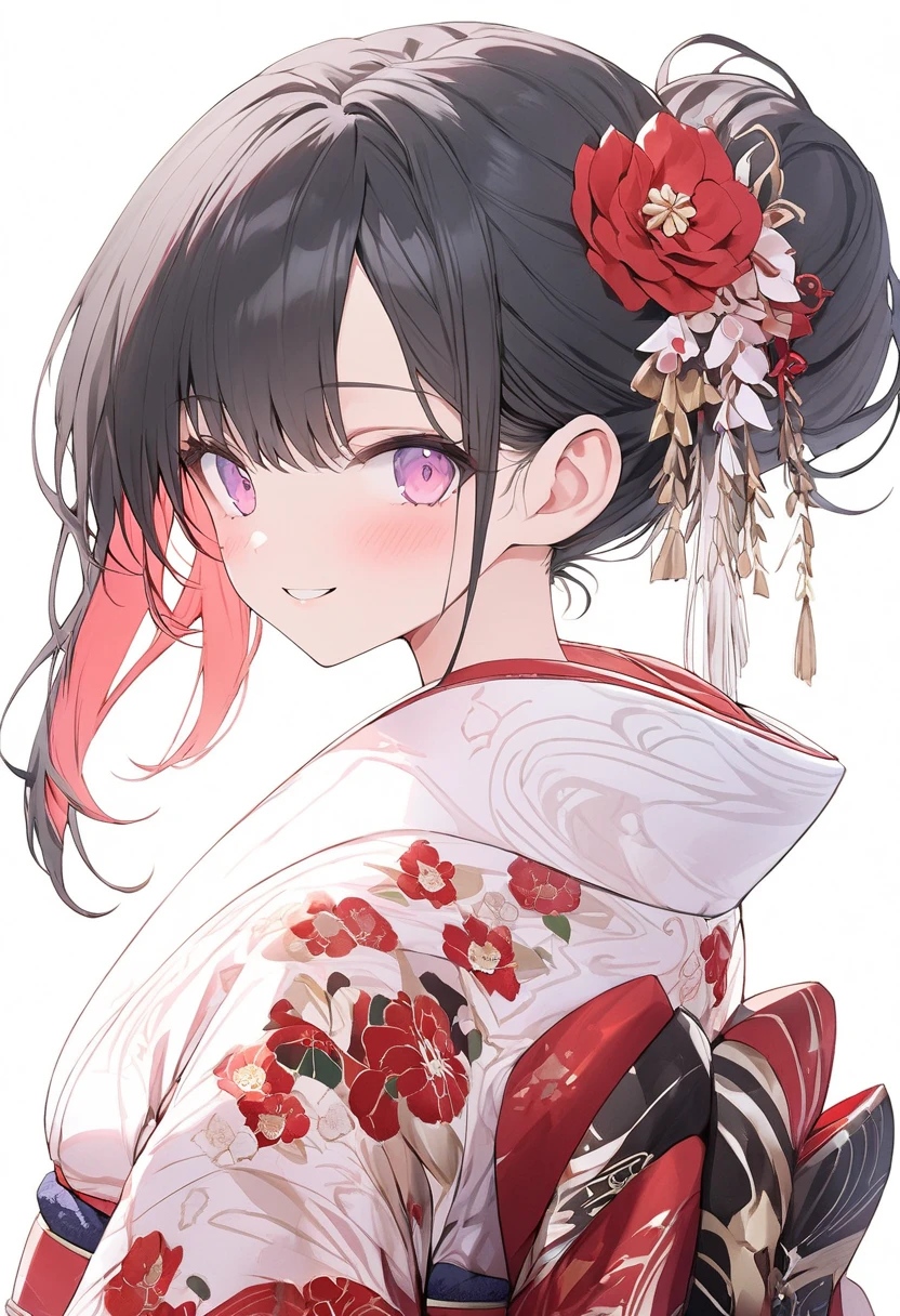 {{masterpiece、 Attention to Details , perfect eyes}}、((White background,from front,  cowboy shot))、18 years old、 1 girl、 black hair、Red inner hair、 Chignon Hair 、Pink eyes、( red floral kimono 、 kimono、White shawl)smile、arms behind back