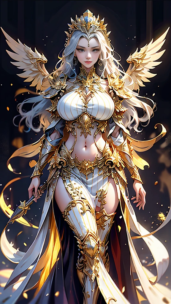 (( (tmasterpiece),(Very detailed CG Unity 8K wallpaper),best qualtiy,cinmatic lighting,细致背景,beatiful detailed eyes,Bright pupils,(Very fine and beautiful),(Beautiful and detailed eyes description),ultra - detailed,tmasterpiece,hight resolution)), Curly, ((Dressed in insanely sexy bikini armor:1.4)), Richly decorated armor, a beautiful woman warrior, Shorthair, Platinum Blonde Hair, cleavage of the breast, (large angel wings on the back)
