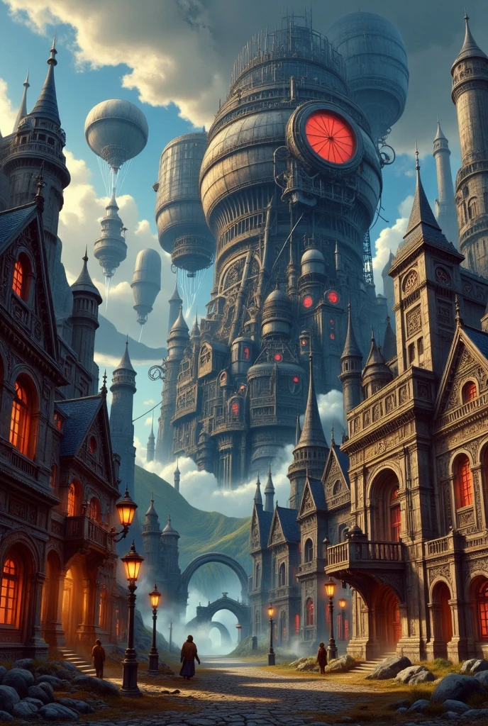 In the distance, there is a massive dwarven steampunk city featuring buildings that encircle a large tower silo at its center. The tower is adorned with large round windows through which red energy visibly emanates. The scene is highly detailed and photorealistic, rendered in 8K resolution with cinematic lighting. It captures an epic fantasy atmosphere with dramatic lighting, presented as a digital painting, matte painting, or concept art.