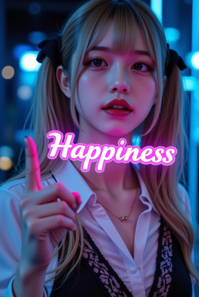 A woman pointing at a 3D hologram displaying the word "Happiness" in colorful neon colors. The background is digital and dark, creating a striking contrast. The scene conveys a sense of joy and modern technology.