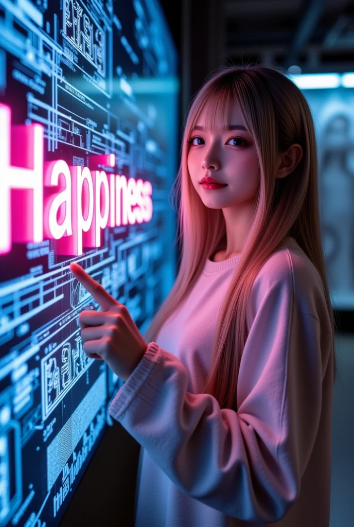 A woman pointing at a 3D hologram displaying the word "Happiness" in colorful neon colors. The background is digital and dark, creating a striking contrast. The scene conveys a sense of joy and modern technology.