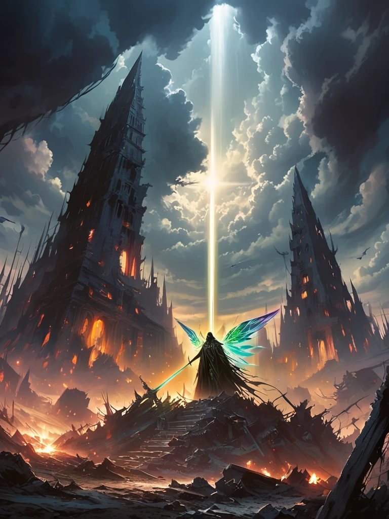 Light brings , colorful giant crystal wings,moonlight, ruins，end，war，Ominous clouds,  dark fantasy illustration style , Dark Arts