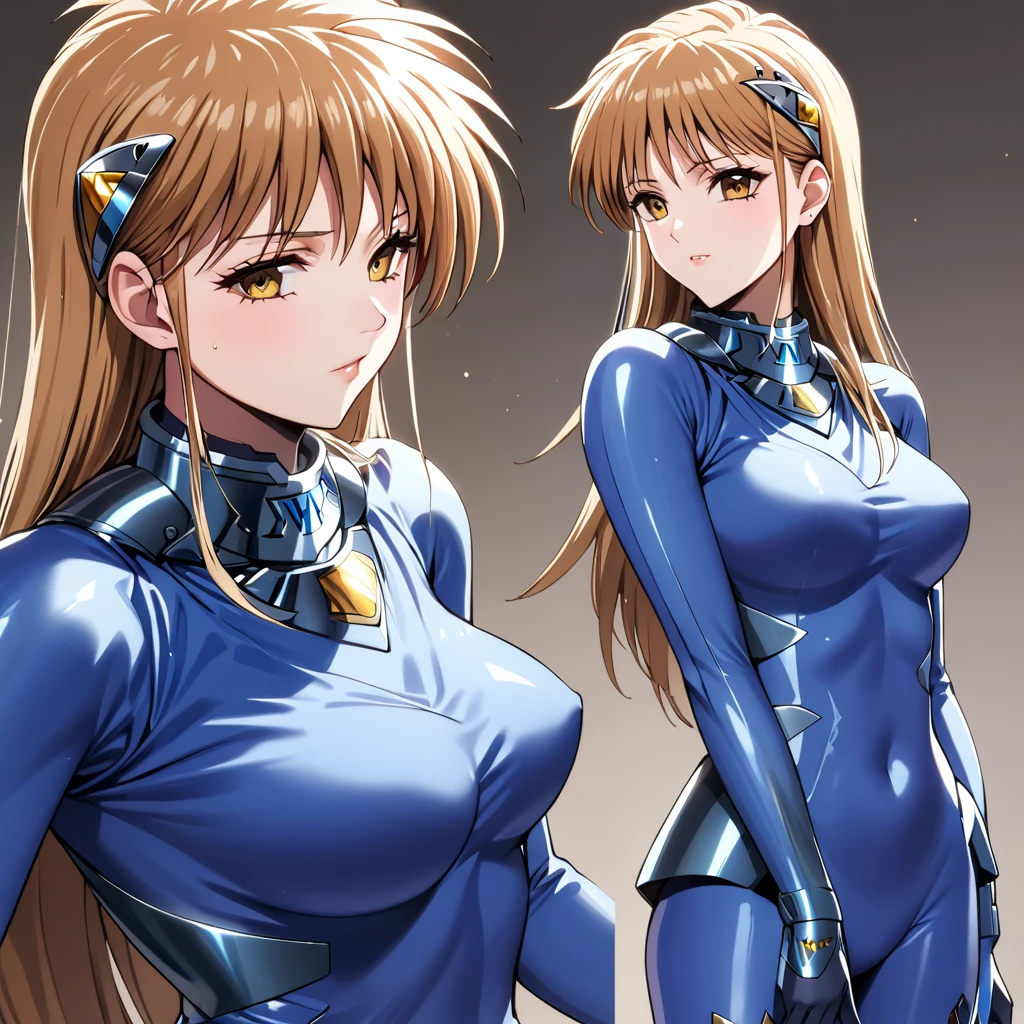 (( top quality )), ((masterpiece)), ( Details), （perfect face）、Princess Leona, who has light brown hair, is wearing a blue full-body suit number suit and poses in a sexy pose showing her whole body