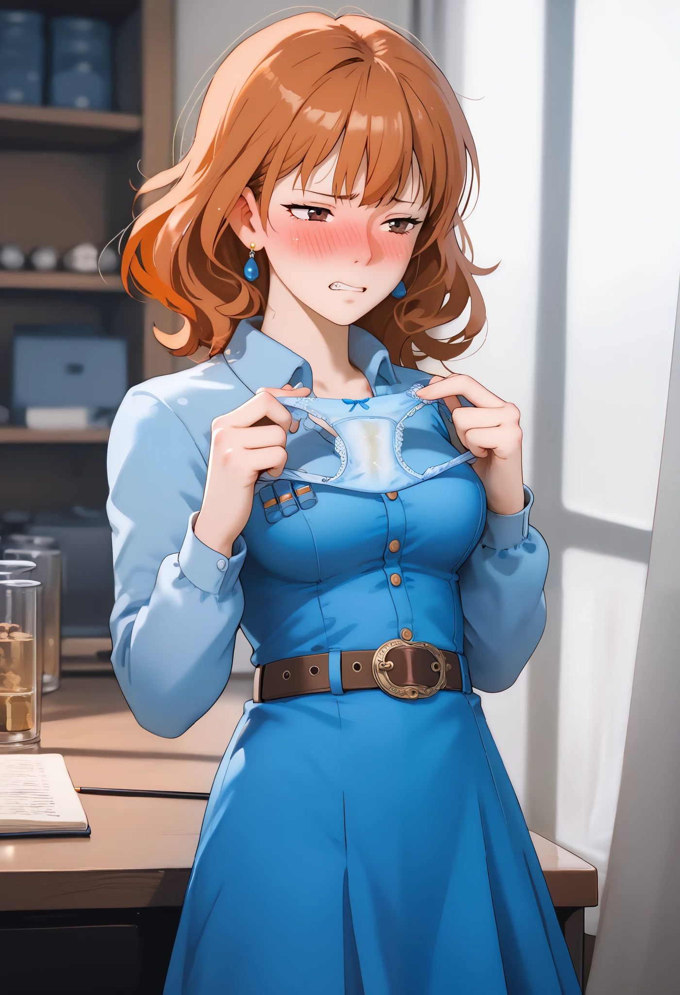 (Nausicaa,1girl,Orange hair, medium hair, brown eyes, medium breasts, earrings, (blue short dress:1.3), chest bullet holder, long_ sleeves, belt) from side view:1.1 (cowboy shot:1.2) Looking Side:1.5 (embarrassed:1.4) narrowed eyebrows:1.2 (frown:1.2) clenched teeth:1.5 (narrowed eyes:1.5) ( Next:1.5) troubled eyebrows:1.3 wavy mouth:1.2 (withdrawn face:1.6),nose blush embarrassed,blush:1.5 feeling weak:1.3 (holding blue panties unworn blue panties Unworn blue panties:1.3) hands panties standing:1.2 inner thigh:1.2 high quality panties:1.2
