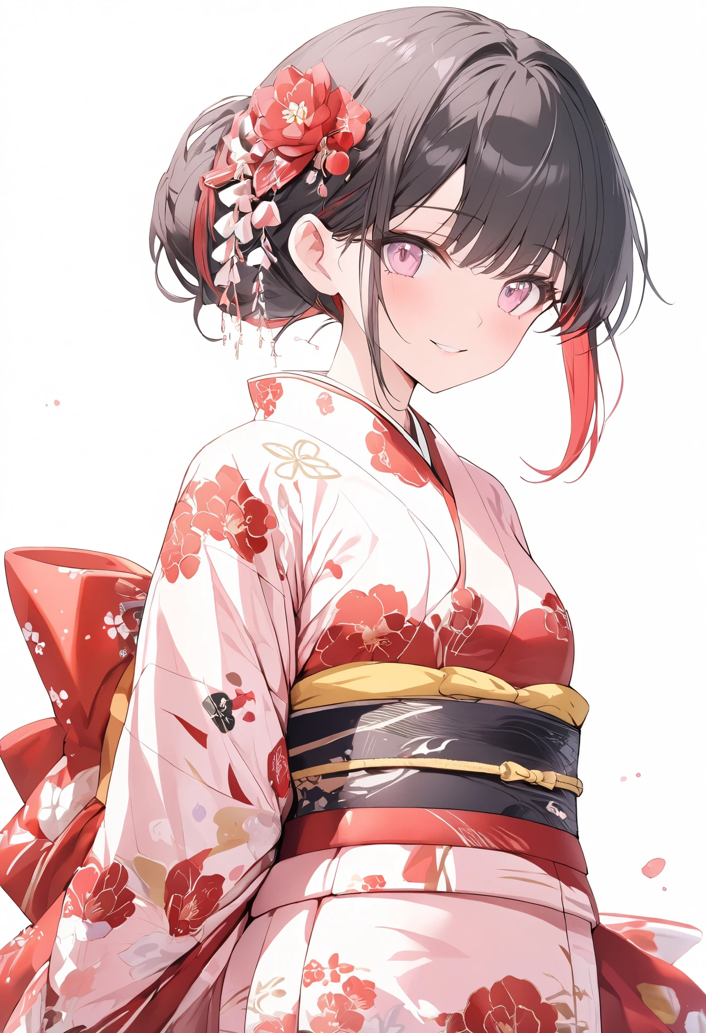 {{masterpiece、 Attention to Details , perfect eyes}}、((White background,from front,  cowboy shot))、18 years old、 1 girl、 black hair、Red inner hair、 Chignon Hair 、Pink eyes、( red floral kimono 、 kimono)smile、arms behind back