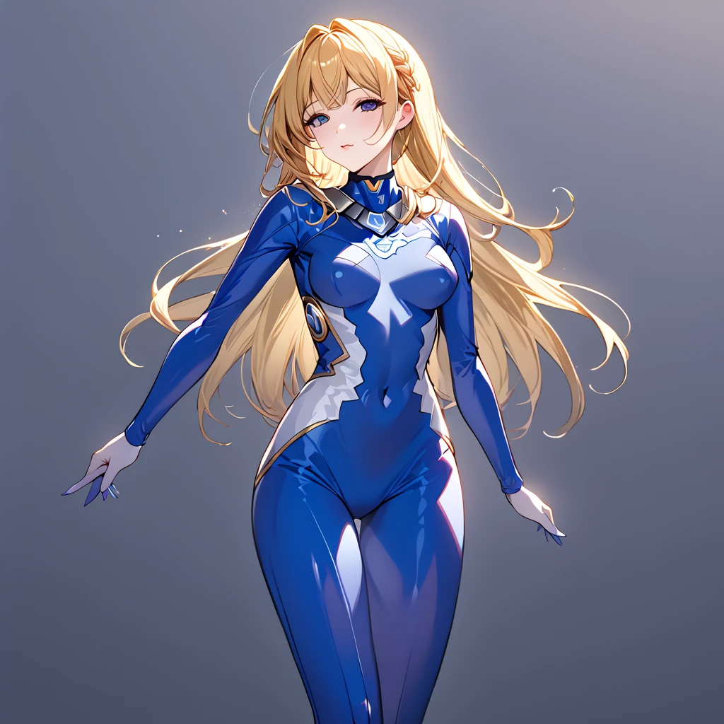 (( top quality )), ((masterpiece)), ( Details), （perfect face）、Blonde Europa is wearing a blue full-body number suit and posing in a sexy pose showing her whole body