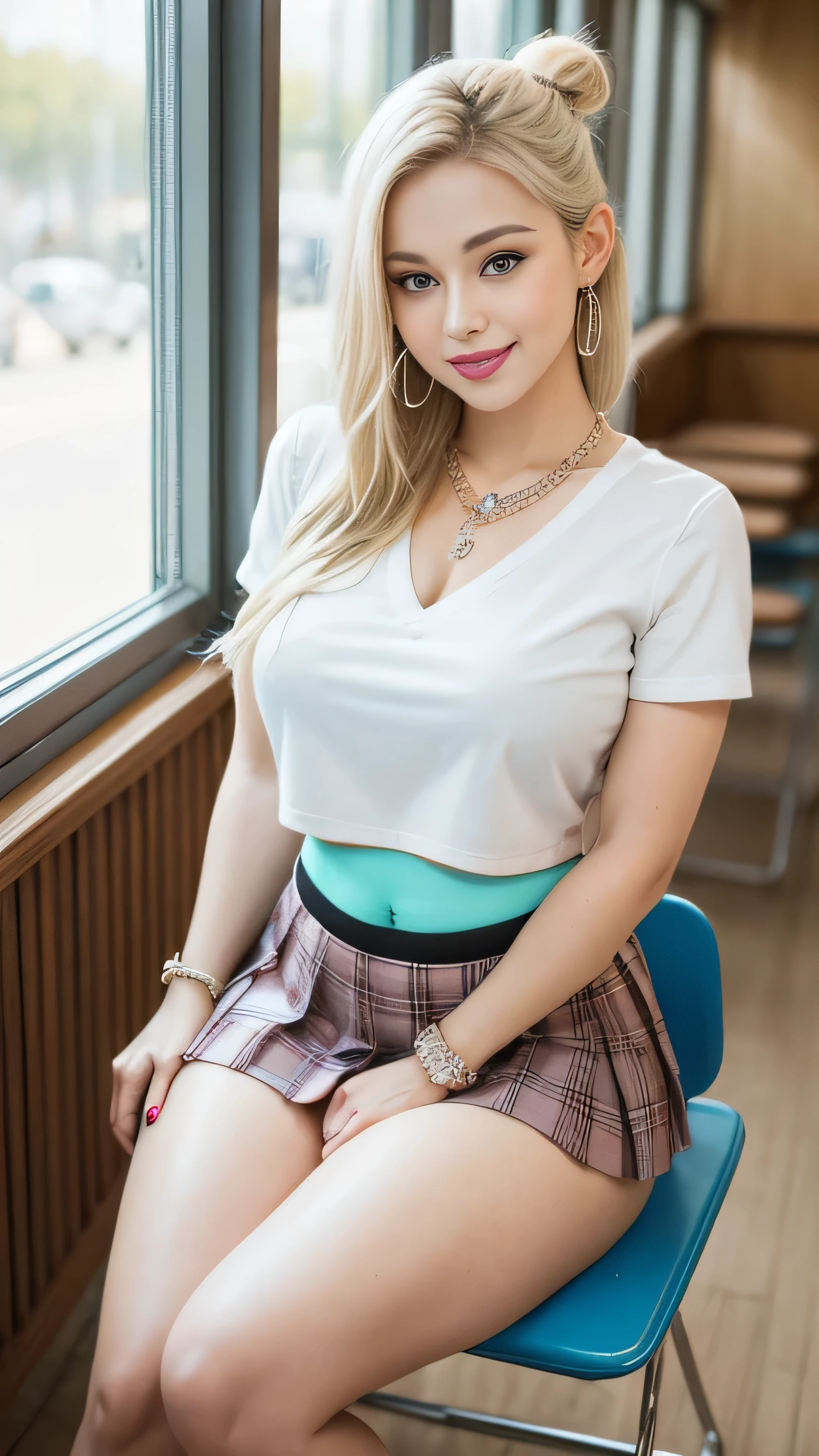 Highest quality、4k quality、Young woman shopping、Off-shoulder tight shirt、Short skirt、Beautiful thighs、Soft 、Looking up at the photographer、Get down on one knee to put on your shoes、Cover your chest with your hands、Shooting from below, front、Red lipstick、Bangs too、Blonde slender