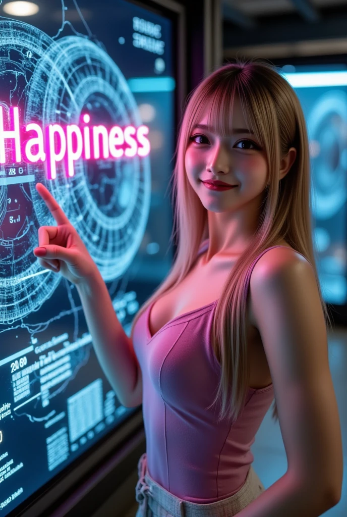 A woman pointing at a 3D hologram displaying the word "Happiness" in colorful neon colors. The background is digital and dark, creating a striking contrast. The scene conveys a sense of joy and modern technology.