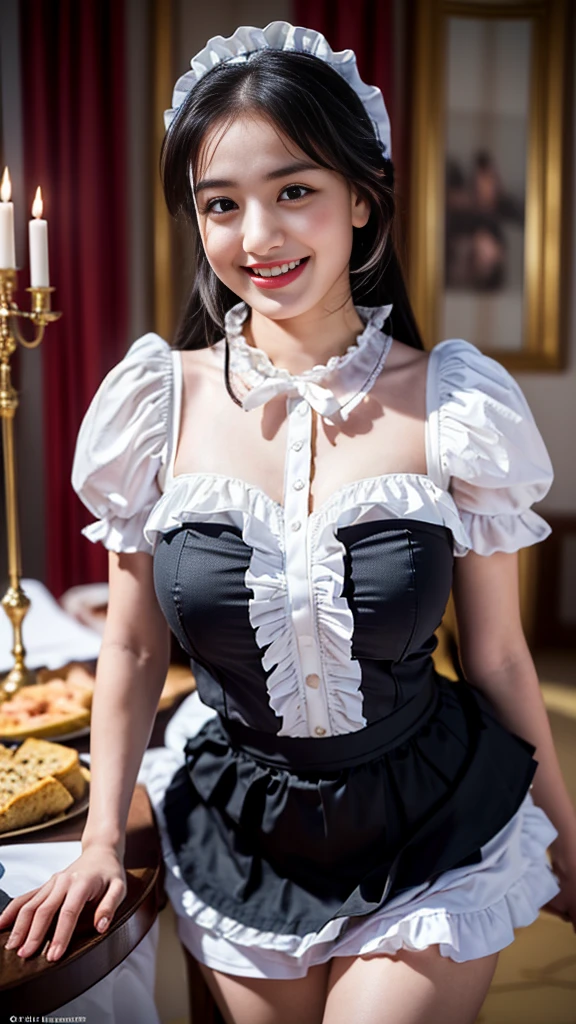 Una mujer mayor . mature huge breast big dark brown hair her light yellow eye round big eyelash dresses black maid top shows navel and dresses black maid skirt metallic and happy 