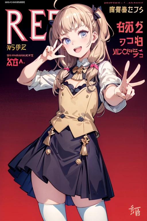 (small breasts:1.2), (perky chest:1.2), (pointed chest:1.2), (Pudding cake magazine cover:1.3),(from above:1.0),(shoot from the side:1.1),masterpiece, 1girl, Amazing Cleavage:1.1, thin waist, optimum,tmasterpiece,hight resolution,best qualtiy,hyper HD,super detailing,awardwinning,a 18yo cute girl,(The upper part of the body),anatomy correct,Beautiful Black miniskirt,garters,Gaze,Small face,bangss,holster,Beautuful Women,hands up,leg holster,Gaze,black boots,Cowboy Shot,cute face,a blond,Longhaire,Twin-tailed,Braids, Hairline,(scarlet eyes),long eyelasher,Hanging eye corners,White skin of the, ((see through camisole:1.1)), ((Sheer nipples:1.0)),Rocket Tits,(Slim body),smile,seductive weak smiling,(with sparkling eyes and a contagious smile),little open mouth, Looking at Viewer,
