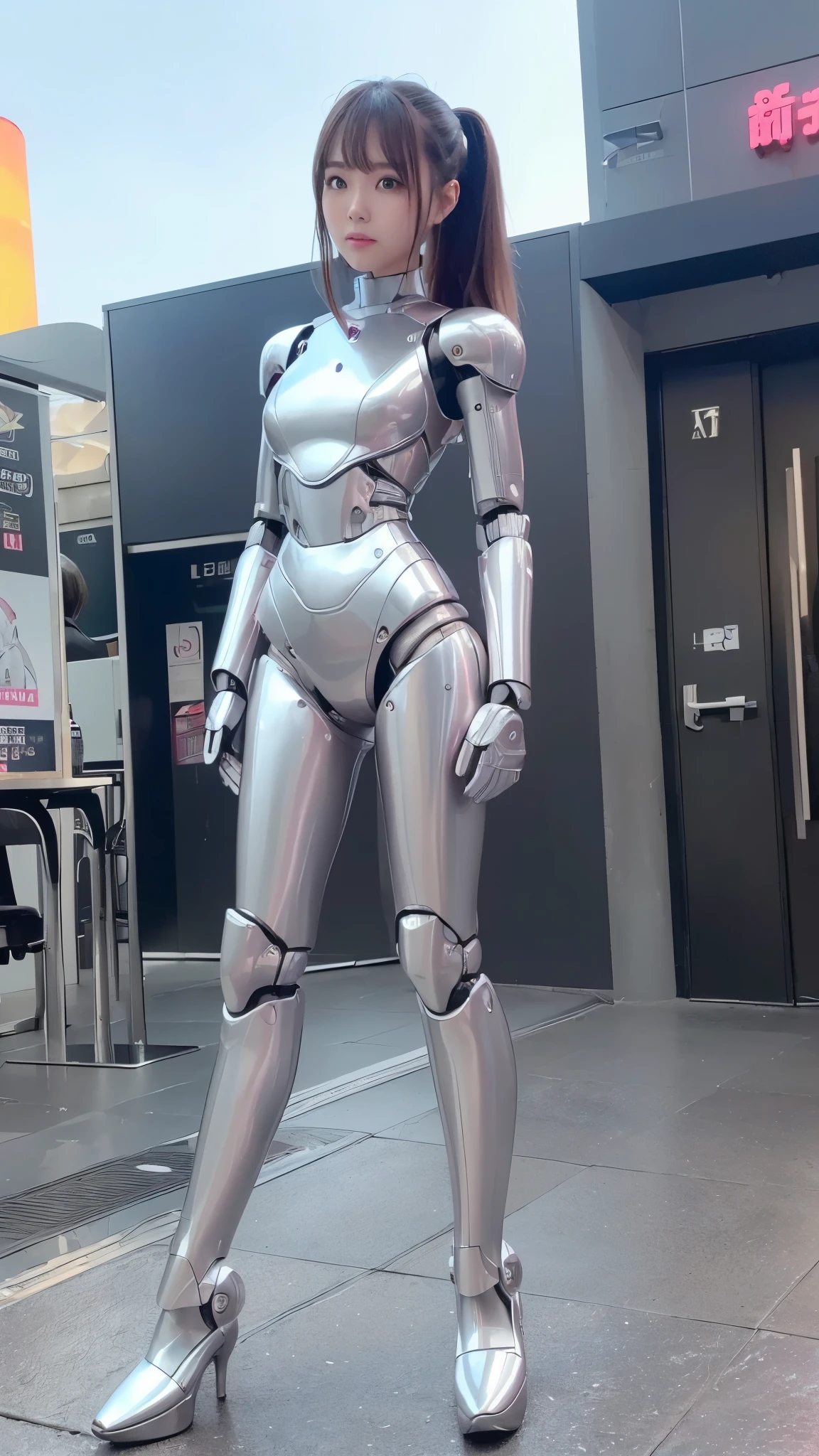 beautiful face,face is Japan, 1 android female, Colossal tits、Curvaceous,((sexy mechanical body))、(8K、Raw photography、top-quality、​masterpiece:1.2)、(nsfw realistic、Photo realistic:1.37) 、(( Mechanical arm and human palm))、((human thighs and machine legs shin))、(((Human torso)))、（naked body）、((human face))、((Machine ears))、(((Cyborg Robot Parts))))、(40% of the body is mechanical)、(Light gray hair), hair wavy, (tube extending from the nipple)、((full body full shot)), (Black eyes), (full body from below),Posture correcting vertebrae attached to the back)),(Wire cables attached to the head and body),(character focus),science fiction,Perfect female figure、perfect female body shape、ultra anatomy、FULL BODY SHOT、Maximum 4 fingers and 1 thumb relationship,cyber space、metallic and colorful lights room