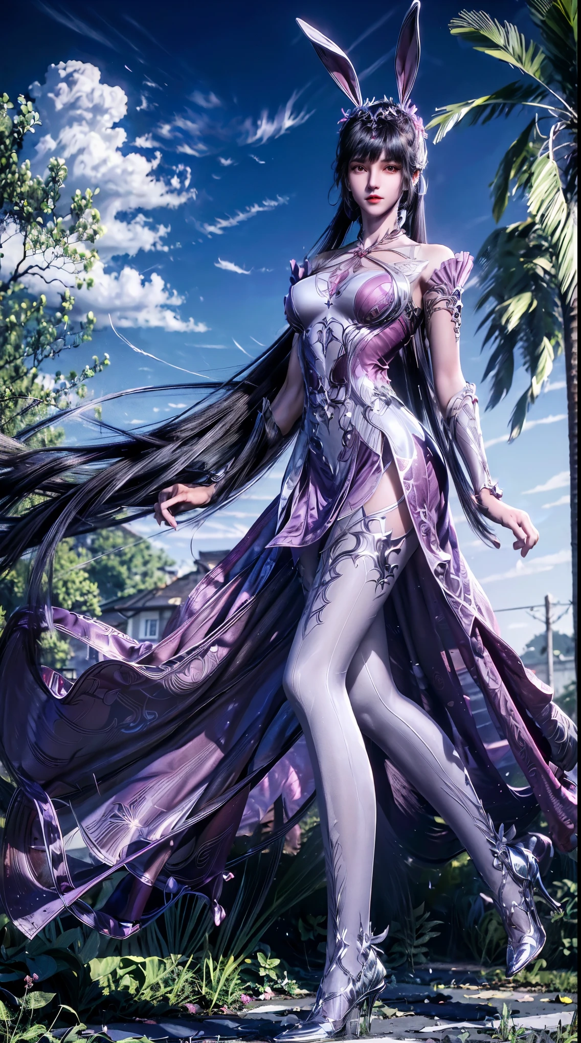 (1girl:1.3), AgainXiaowu, DLDLxiaowu, Solo, animal ears, rabbit ears, long hair, full body, brown hair, ponytail, tree, hair ornament, high heels, thighhighs, metal collar, sky, palm tree, blue sky, very long hair, dress, breasts, collar, outdoors, looking to the side, flower, closed mouth, white thighhighs, pink dress, bare shoulders, medium breasts, white footwear, standing, white dress, grass, crossed legs, night, see-through