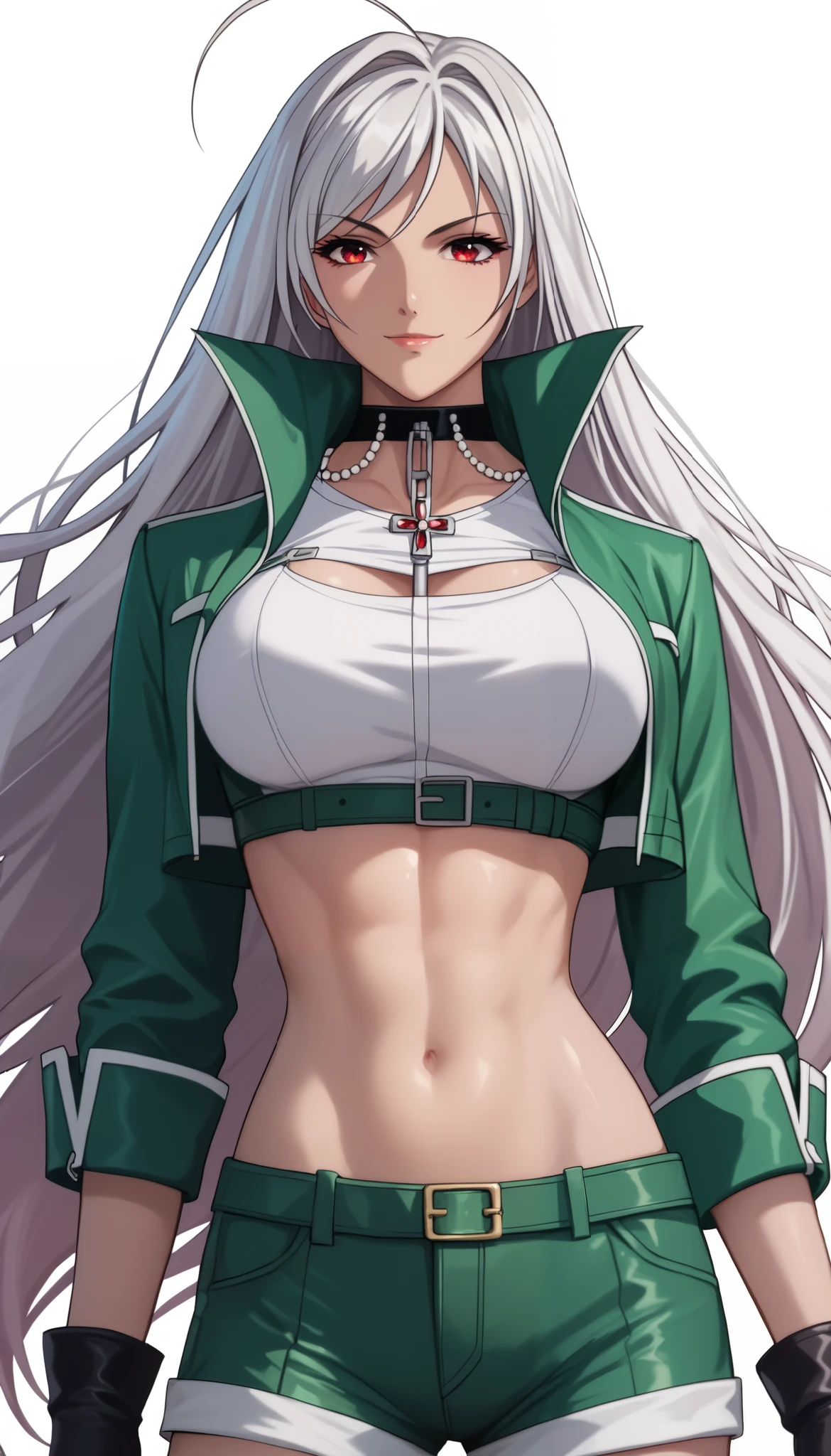 vampire moka akashiya, long hair, red eyes, ahoge, white hair, large breasts, gloves, jacket, crop top, shorts,green jacket, green shorts, light smile,Shiny Hair、Tight waist、Small waist、Glowing Skin、(white background:1.2)、eight-headed body、Beauty、