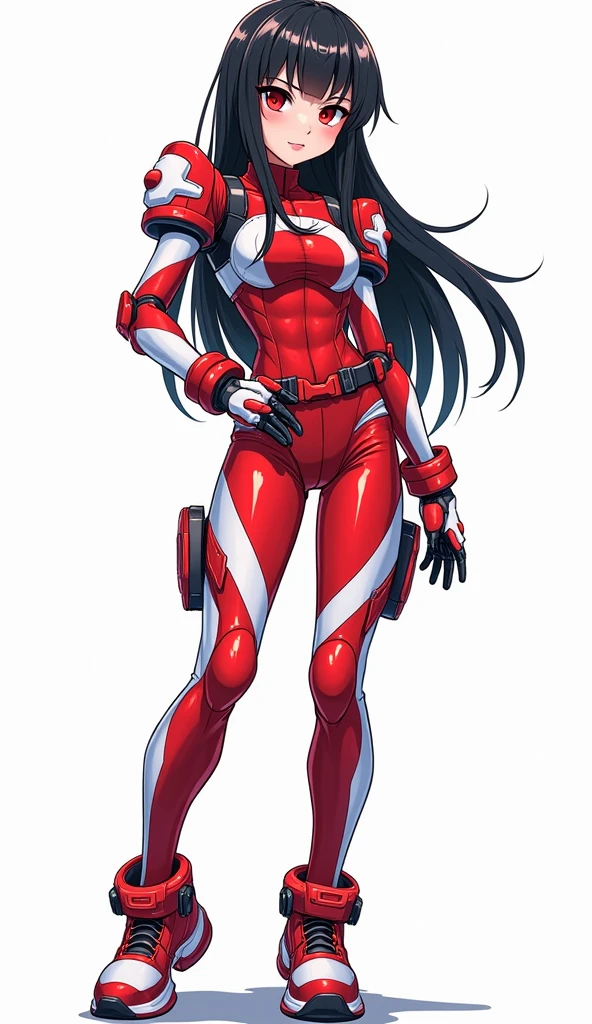 Create a full-body image of the hero Neptune Parkins with a white background. He has long, straight black hair, brown skin and green eyes. He wears a red, white and black diving uniform with a trident symbol on his chest. He wears stylized boots and gloves with leather between his fingers.