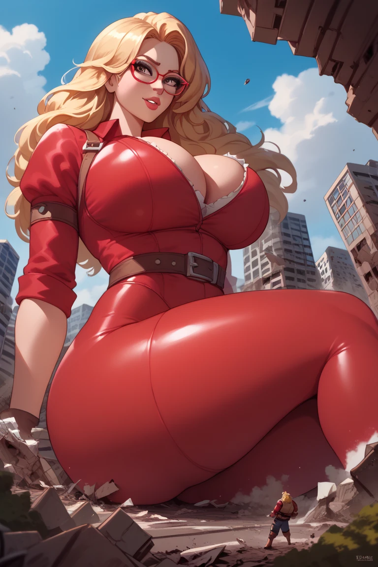  1 girl, solo, high res,  long hair, Blonde, red glasses, huge breasts, huge ass ,Red bodysuit,Clothes with torn chest,Gigantic, giant, dark eyes,  top quality ,  high res,  mature body,sit,Pit up, Collapsing Building,Destroy the forest,Devastation,Violently destroyed,rubble, Angle from Below , Dwarf's Perspective , ahe face,