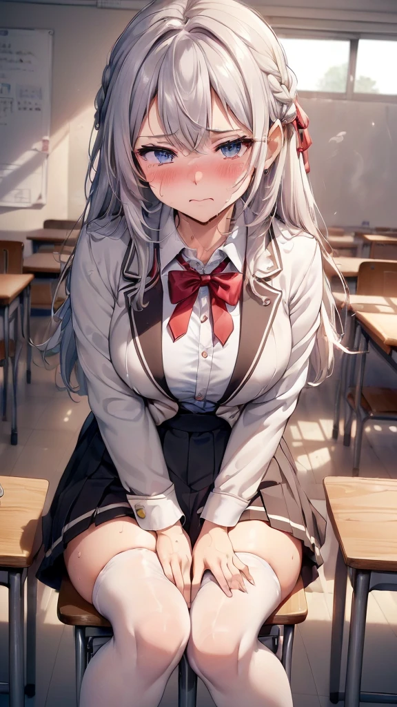 (masterpiece,beautiful,hughres,CG,8k,16k,best quality,high-resolution,detailed fingers,detailed hands,detailed legs,detailed eyes:1.5),from side,panties focus,1girl,Alone,(During class,classroom,school,School Chair:1.5),(School Chairに座る,Extend your legs on a chair:1.2),(school uniform, silver hair, long hair , braid hair , white shirt,blazer,ribbon,black tights,pleated skirt,black skirt:1.2),(white panties:1.2),large breasts,sitting,(Lean back,Lean on the back of a chair,reclining:1.1),(My legs:1.2),legs up,(knees to chest:1.1) , (female orgasm,pussy juice:1.3),(trembling:1.4),(gasping,heavy breathing,blush:1.5),(impatience1.1),flustered,(fidgeting around:1.4),(steam:1.2),(sweat skin:1.4),(streaming tears:1.2),drooling,(looking down:1.4),(spoken heart:1.2),(narrow one's eyes:1.6)