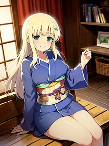 (masterpiece:1.3), (Absurd:1.3), (highest quality:1.3), The Hands of Guido Daniele, (Very detailed:1.3),(Best Shadow:0.7), (Processed Hair), One girl, alone, S1, aizawa ema, (medium Breasts:0.3), (thick thighs:0.5),  Blonde, Asymmetrical bangs, Blunt bangs, blue eyes, cute blue yukata, partially undressed, no bra, (nipple shape:1.0), no panties, white socks, cute face, panic face, embarrassed, smile, night, background : inn room,