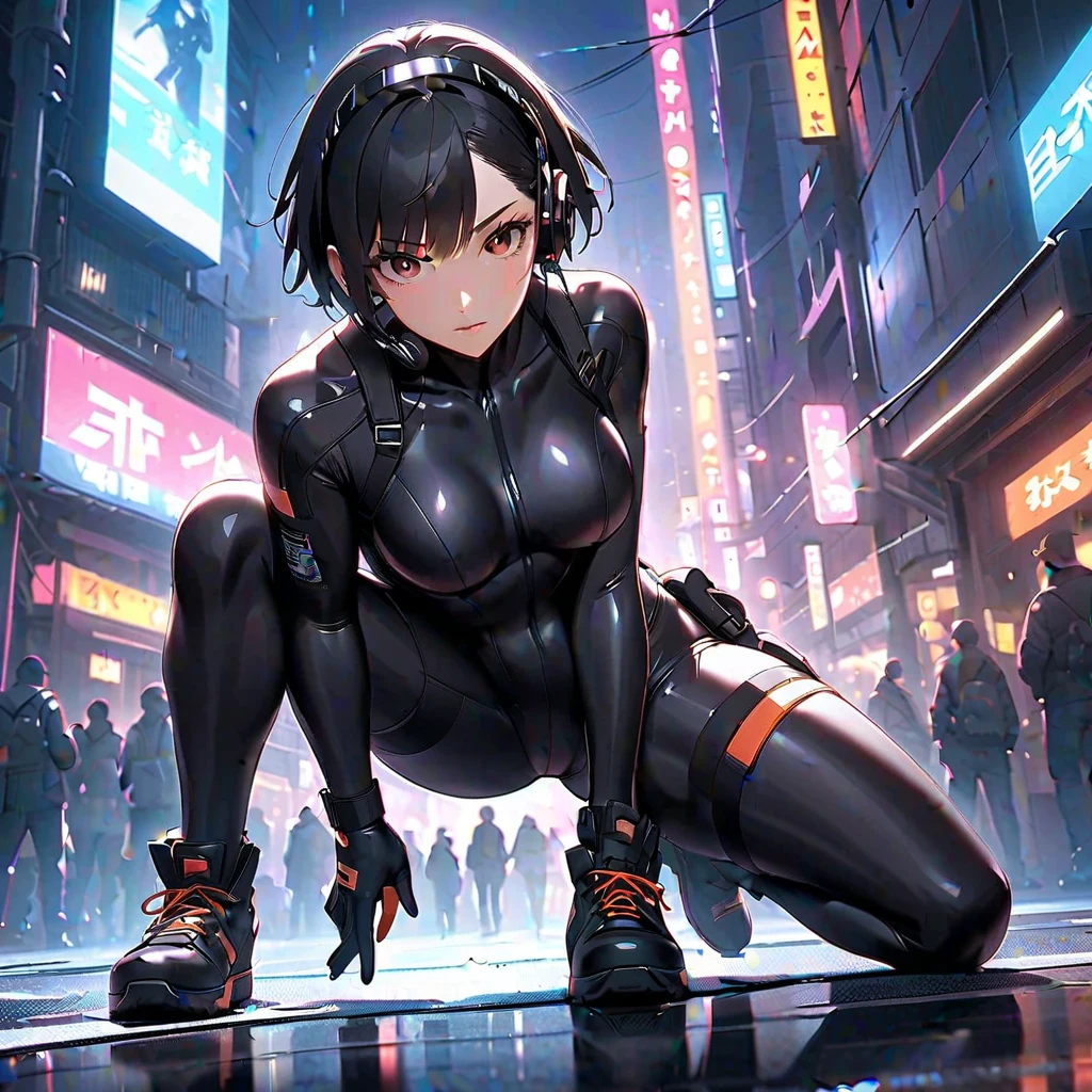 ((1 girl:1.3, standing alone))、finely detailled, ultra detali, digital illustration, Meticulously styled hair, Meticulously drawn eye, shiny realistic skin texture、soft texture、shining skin、 ((cyber punk))、((glaring look:1.3))、((my legs:1.3, squatting down:1.2))、((front view:1.3))、((from low:1.5))、((Being in the midnight city:1.2))、((sleeveless:1.2))、((torn and torn:1.1, hot pants:1.4, leg high:1.4))、((latex))、((cut upper navel:1.2))、((underwear:1.2))、((HUGE HIPS:1.3))、hip focus、full body showing your breasts