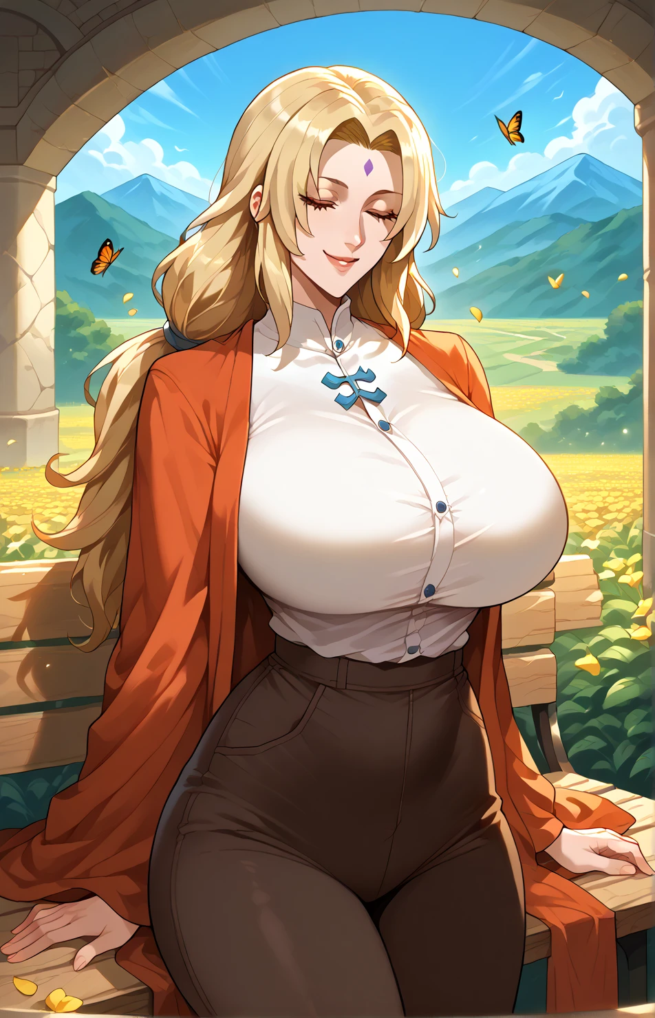 score_9, score_8_up, score_7_up, score_6_up, milf, {{Ultra-Gigantic breasts}}, wide hips, curvy Smokey Body, Tsunade_Senju's/Boruto, straight hair, Long hair, blonde hair, Brown eyes, white shirt, Sleeveless shirt, pants, indoors, standing, looking at viewer, smile, (((masterpiece))),(((best quality))),((ultra-detailed)),(illustration),((an extremely delicate and beautiful)),1girl,solo,sleeping,dreaming,peonies,fragrant,red,petals,butterflies,bees,stone bench,mountain,isolated,tranquil,serene,peaceful,fragrance,disheveled hair,crimson robe,fan,scattered,sunlight,golden,drowsy,laughter,gentle,wake,laughter,companionship,joy,carefree,contentment,