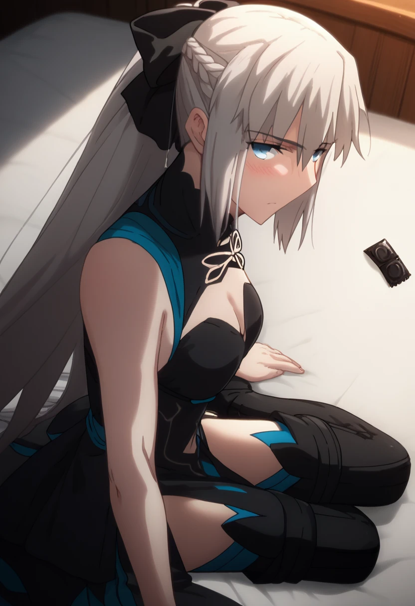 solo, one girl ,Fate/Grand Order,Morgan（Fate）, long hair, gray hair, blue eyes,とても long hair, Ponytail, black ribbon, hair bow, French braid, Short Dress ,Sleeveless, cleavage in years, garment cutout,Collarless, pelvic curtain , black boots , thigh high boots　　　　　　　anime,Ufotable, viewer's perspective, are expressionless, bed, lying on your back to stare, from side,blush,condom package