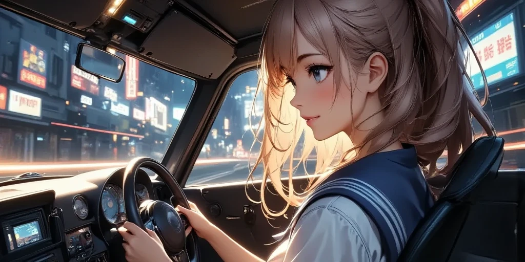  ((newest anime style, girl\(inside car,JK,ray,JK,ray,JK,smirk, sailor uniform, pleated skirt ,looking away, racer driver,serious,big breast, shiny skin, shiny, hair, beautiful eyes,shiny eyes,holding handle\)) driving car\((very realistic Ariel Atom , black color, mat black,Lightweight Car , 2-seater pipe frame body, Atom 3 .5,  at Public Road,motion blur, high-speed effect, drifting hard at corner,Dust smoke, shock wave,full body)\),from side,side shot, dynamic camera angle, dramatic camera angle, screen cap from racing game, longshot, wide-shot,great dynamism,tilt view,cityscape, focus on face of girl,bokeh)