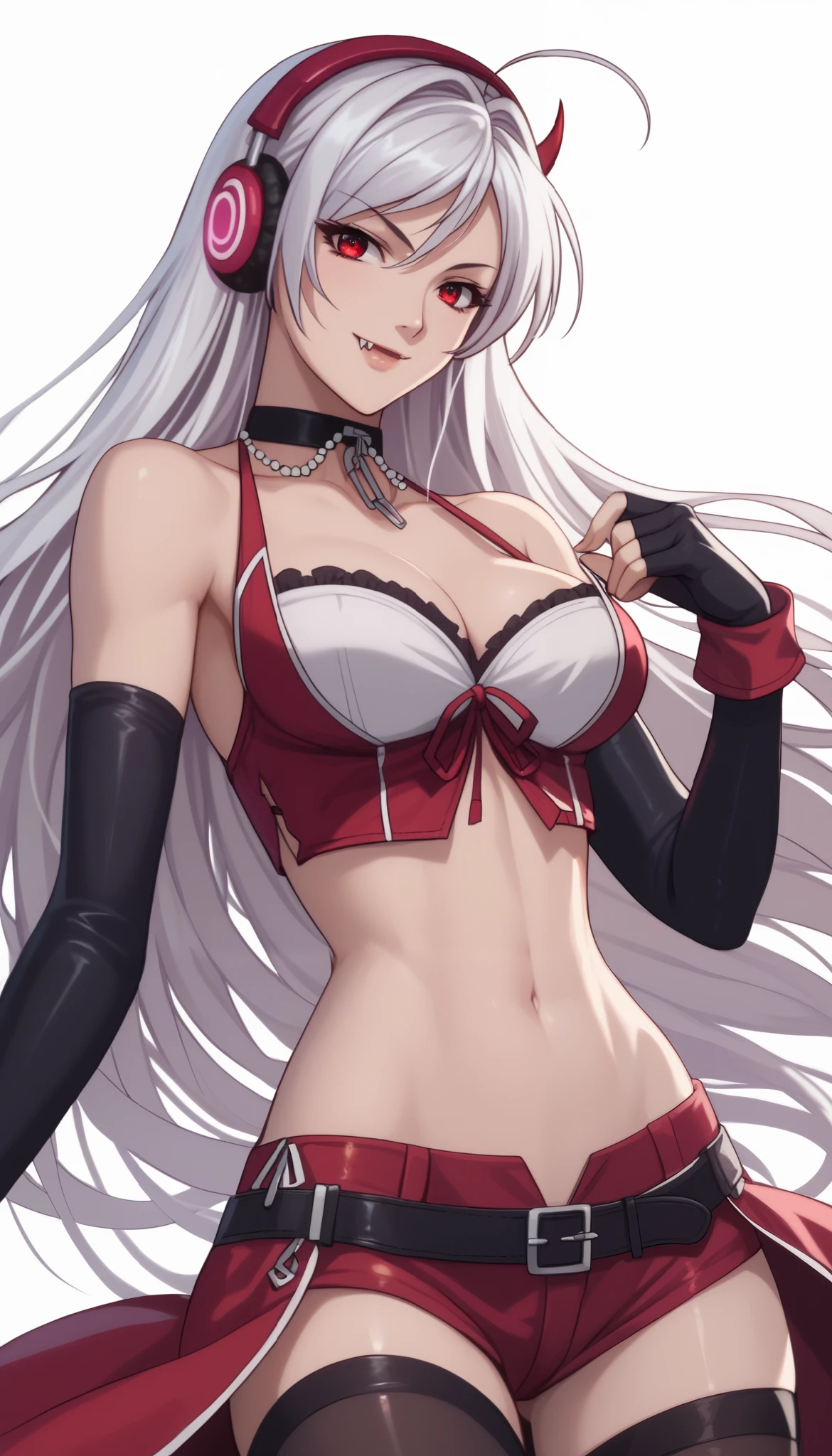 vampire moka akashiya, long hair, red eyes, ahoge, white hair, large breasts, grace_sveg,fang,headphones,choker,navel,bare shoulders,elbow gloves,fingerless gloves,black gloves,thighhighs, light smile,Shiny Hair、Tight waist、Small waist、Glowing Skin、(white background:1.2)、eight-headed body、Beauty、