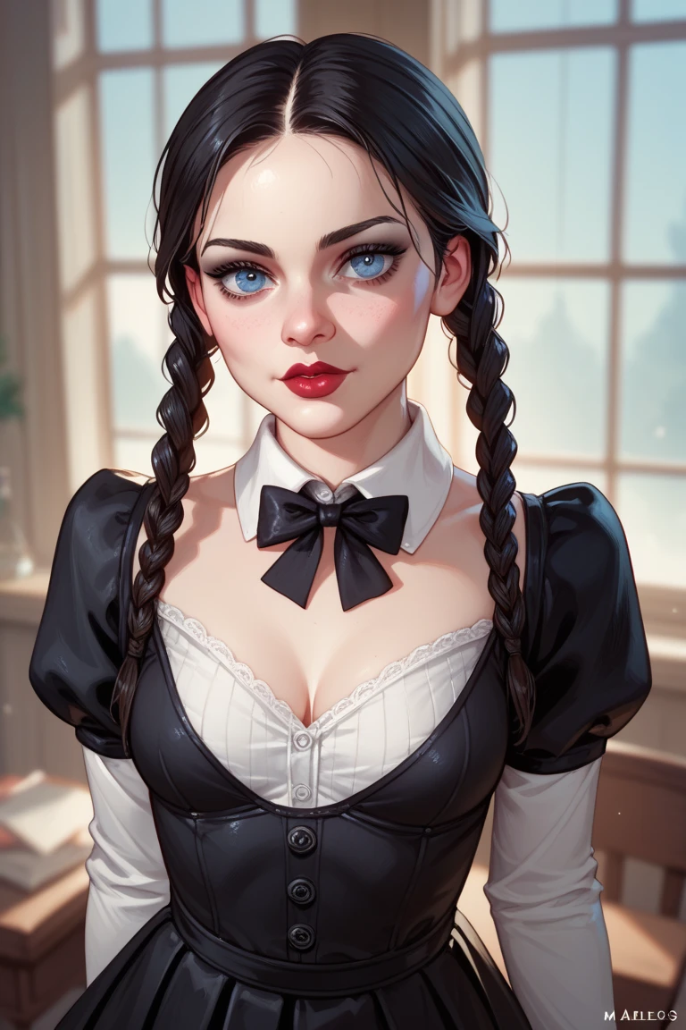 A stunning intricate full color portrait of Elizabeth Comstock, pale skin, black hair, blue eyes, wearing a button up blouse, deep cleavage,, seductive, portrait, by ilya kuvshinov, alessio albi, nina masic, sharp focus, natural lighting, subsurface scattering, f2, 35mm, film grain,  