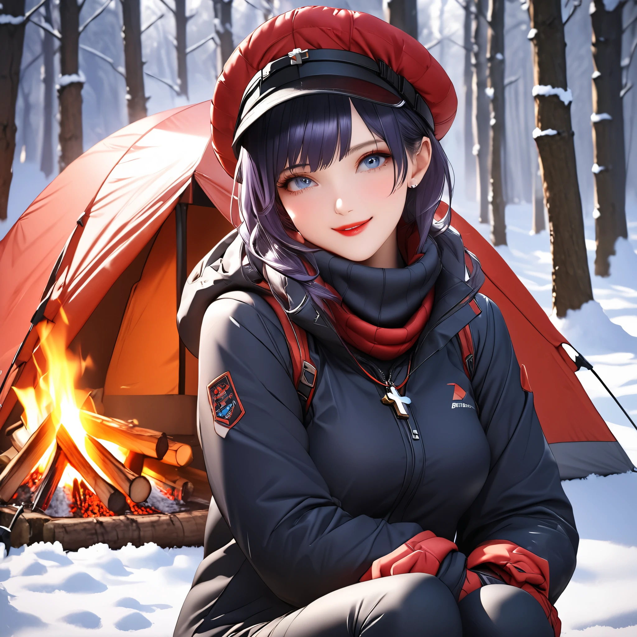 portrait quality, 8k,masterpiece, CGSTATION, hyper CG style, A 8k anime drawing style, 3D rendering, INTRICATE, hyper detailed, blue eyes, dark purple hair, hair long, MISATO KATSURAGI, medium bust, shiny skin, 27 years old, a woman, navel, sensual smile, red lips, super detailed skin, super beautiful eyes, cross necklace, gorgeous girl, full-body photo to see her gorgeous legs, gorgeous body, gorgeous face, full body photo, she is alone, She is wearing a waterproof and windproof jacket. An insulated, waterproof and hooded jacket is essential to protect yourself from snow and wind. Waterproof pants: Ideal for keeping legs dry and protecting against snow. Hat or cap: It should cover the ears and be made of warm materials such as wool or fleece. Scarf or neck gaiter: Wool or fleece to protect the neck and part of the face from the cold. Waterproof Gloves: Insulated to keep hands warm and dry. Thermal socks: Made of thick wool or synthetic material, avoiding cotton, which retains moisture. Waterproof winter boots: With good thermal insulation, snow goggles: To protect your eyes from the snow, Carry a backpack with spare clothes, Opt for bright or bright colors, she is sitting on a log near a tent, You can also see a small bonfire lit out of tent, She is drinking a warm coffee,