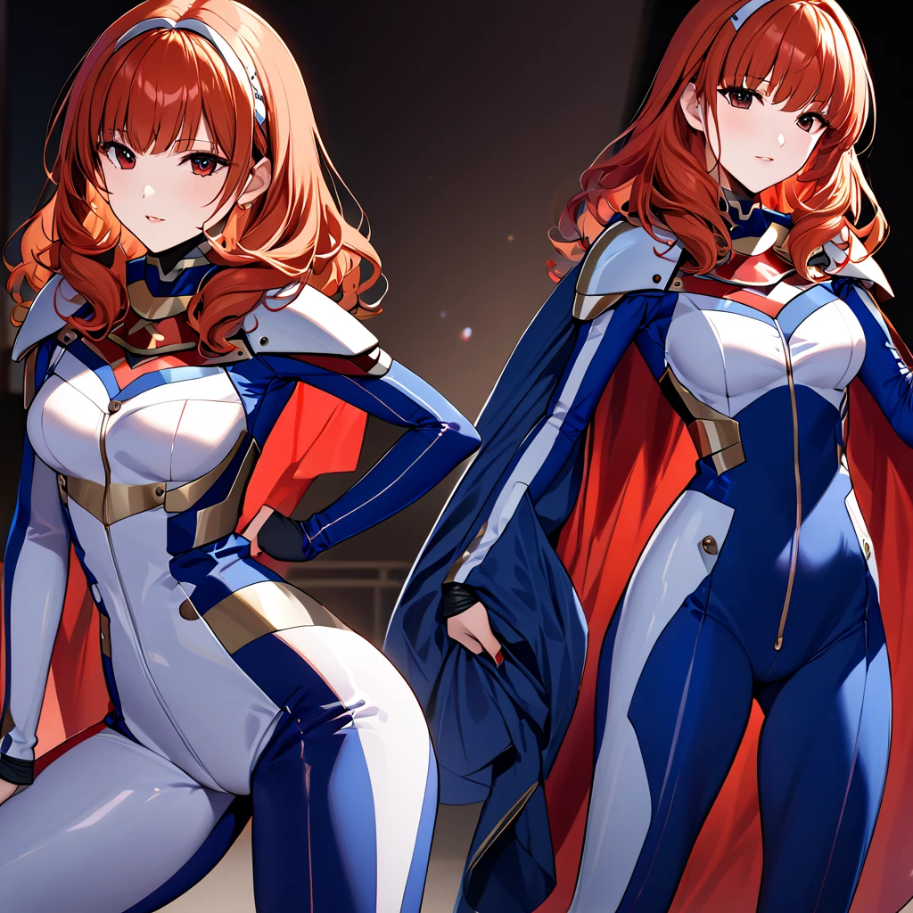 (( top quality )), ((masterpiece)), ( Details), （perfect face）、Red-haired Celica is wearing a blue full-body suit number suit and poses in a sexy pose showing her whole body